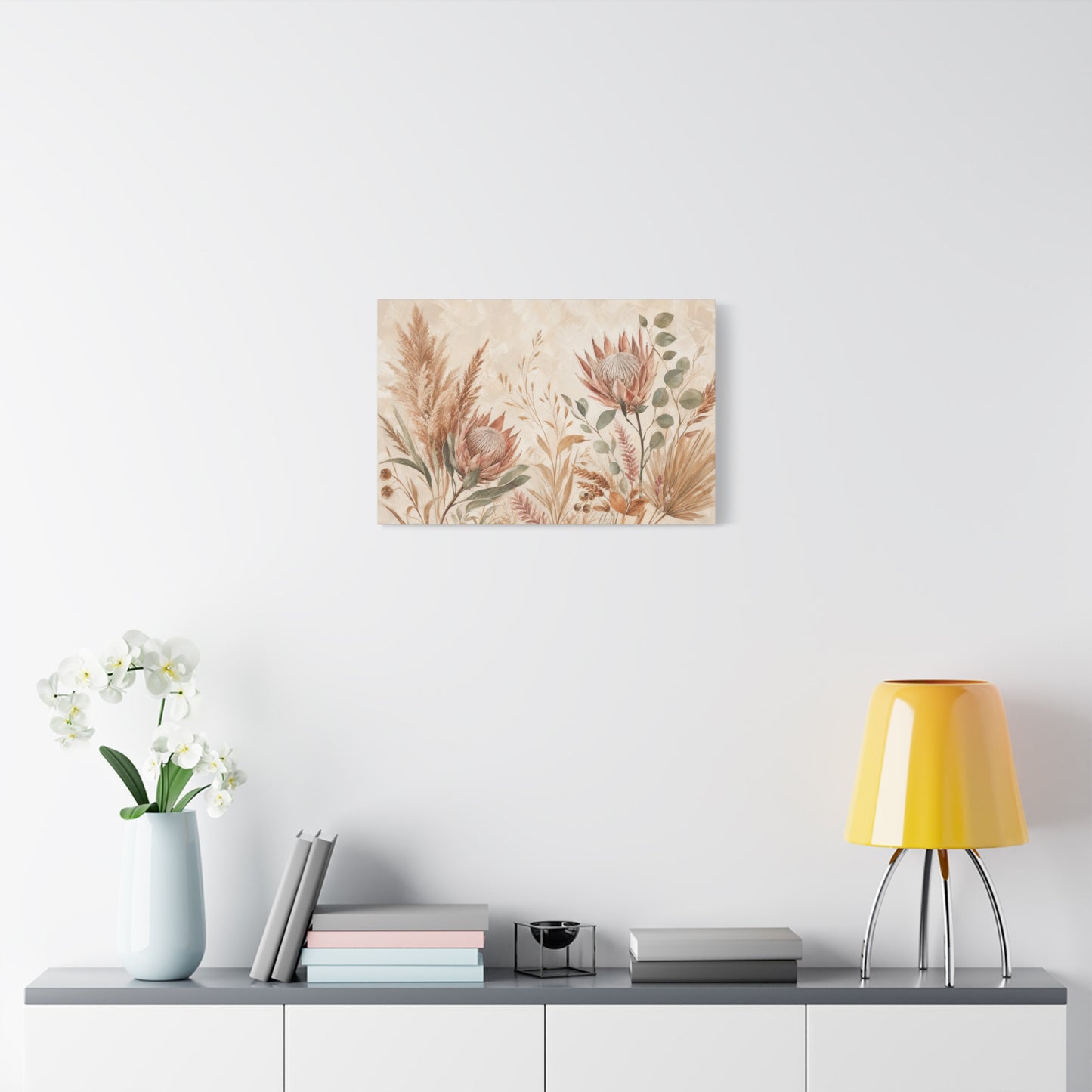Protea Botanical Canvas Wall Art - Pampas Grass, Eucalyptus Floral Print - Neutral Boho Farmhouse Decor - Beige Sage Nature Painting - Ready to Hang