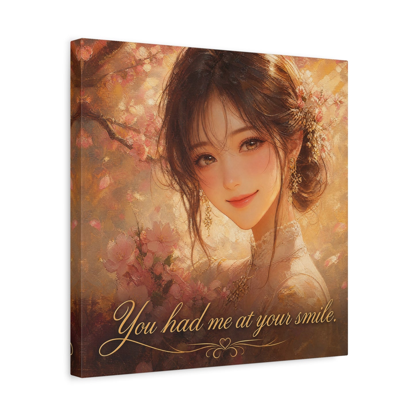 You Had Me At Your Smile Portrait Canvas Wall Art - Romantic Floral Woman Quote Print - Golden Blush Illustration - Traditional Style Living Room Decor - Ready to Hang - Living Room Wall Decor