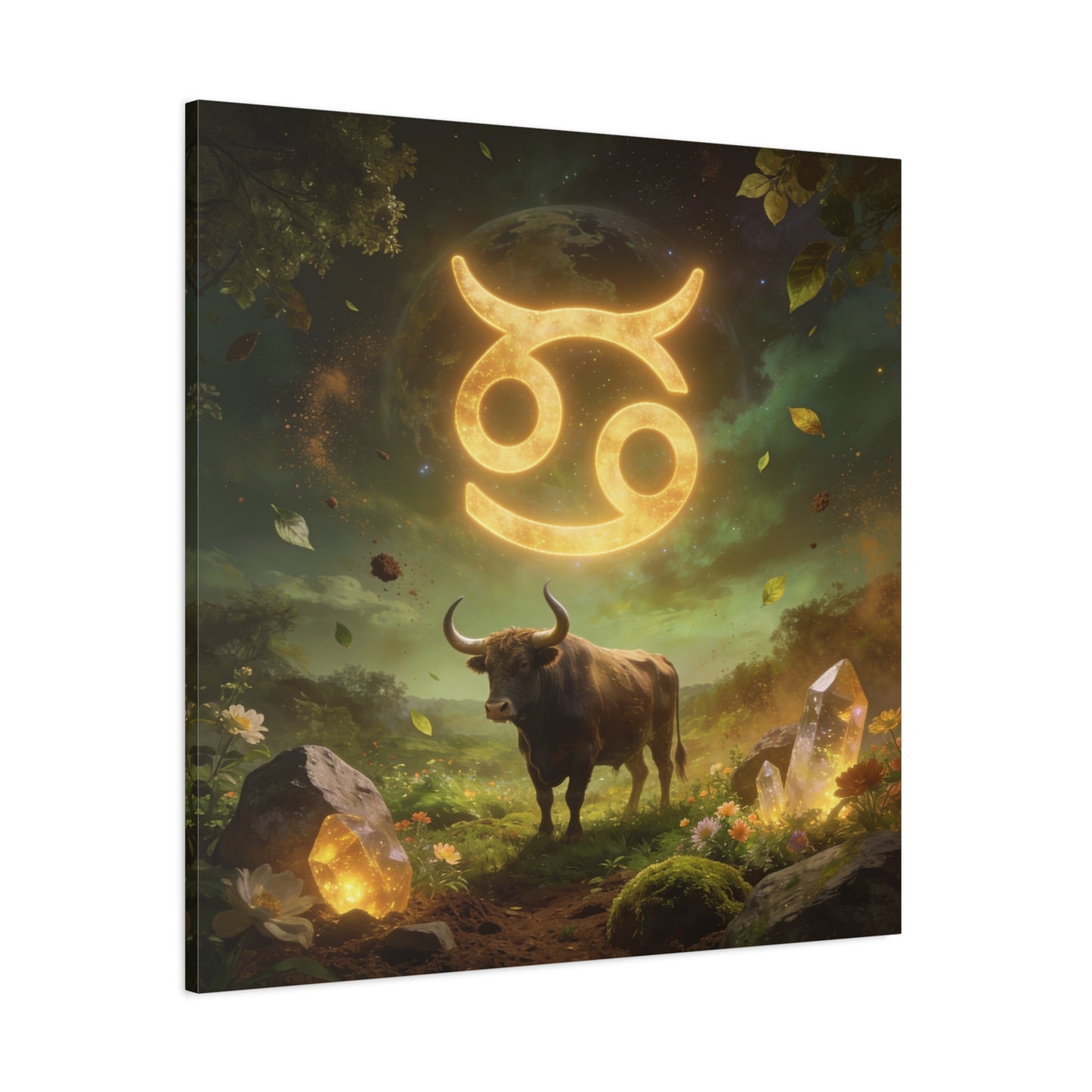 Cancer Zodiac Canvas Wall Art - Glowing Astrology Symbol, Bull And Crystal Fantasy Scene - Celestial Green Gold Illustration - Bedroom Home Decoration, Meditation Space Accent - Living Room Wall Decor