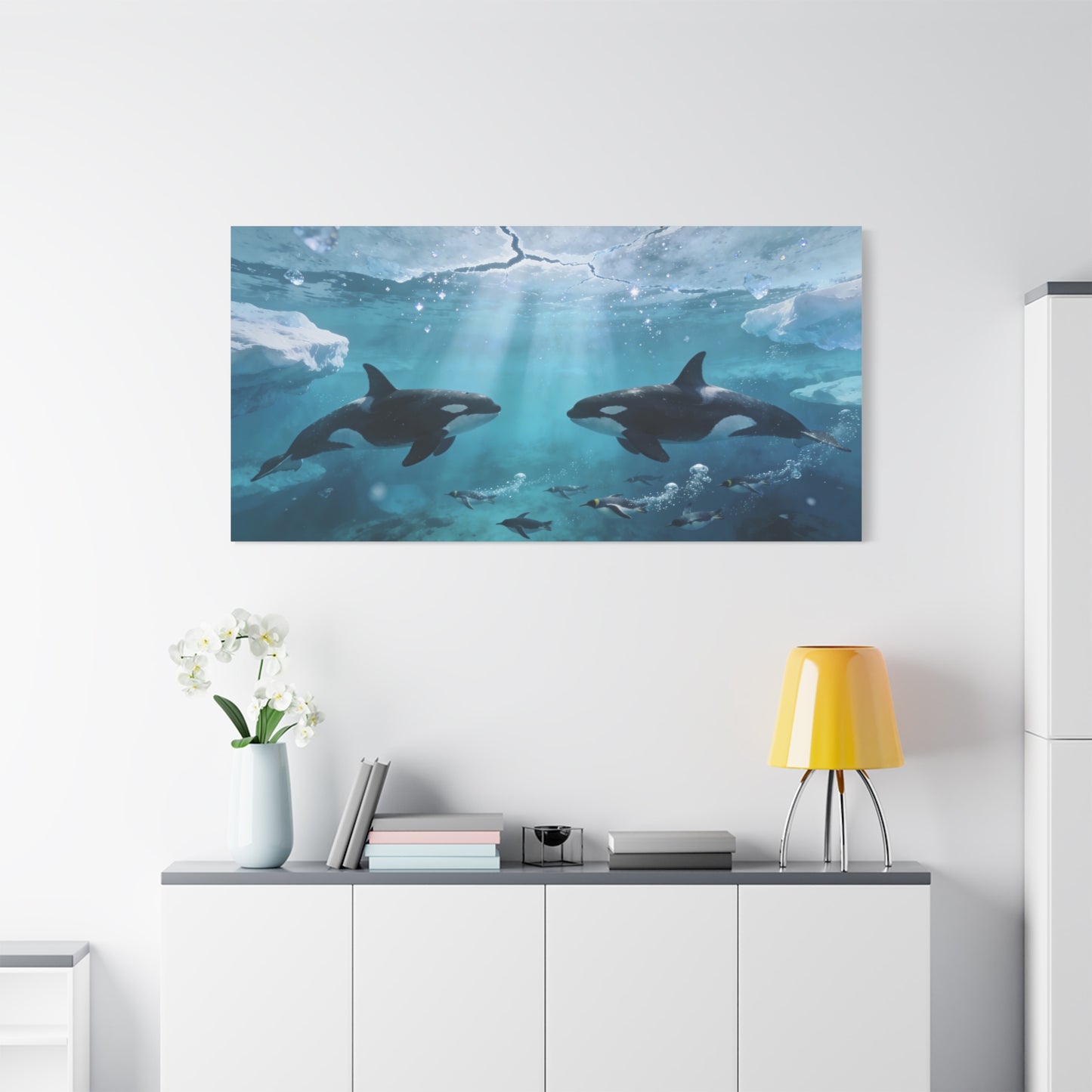 Orca Whale Canvas Wall Art - Arctic Ocean Underwater Scene, Penguins, Sea Ice - Coastal Wildlife Decor - Matte Canvas Print - Living Room Wall Decor, Bedroom Home Decoration - Bedroom Home Decoration