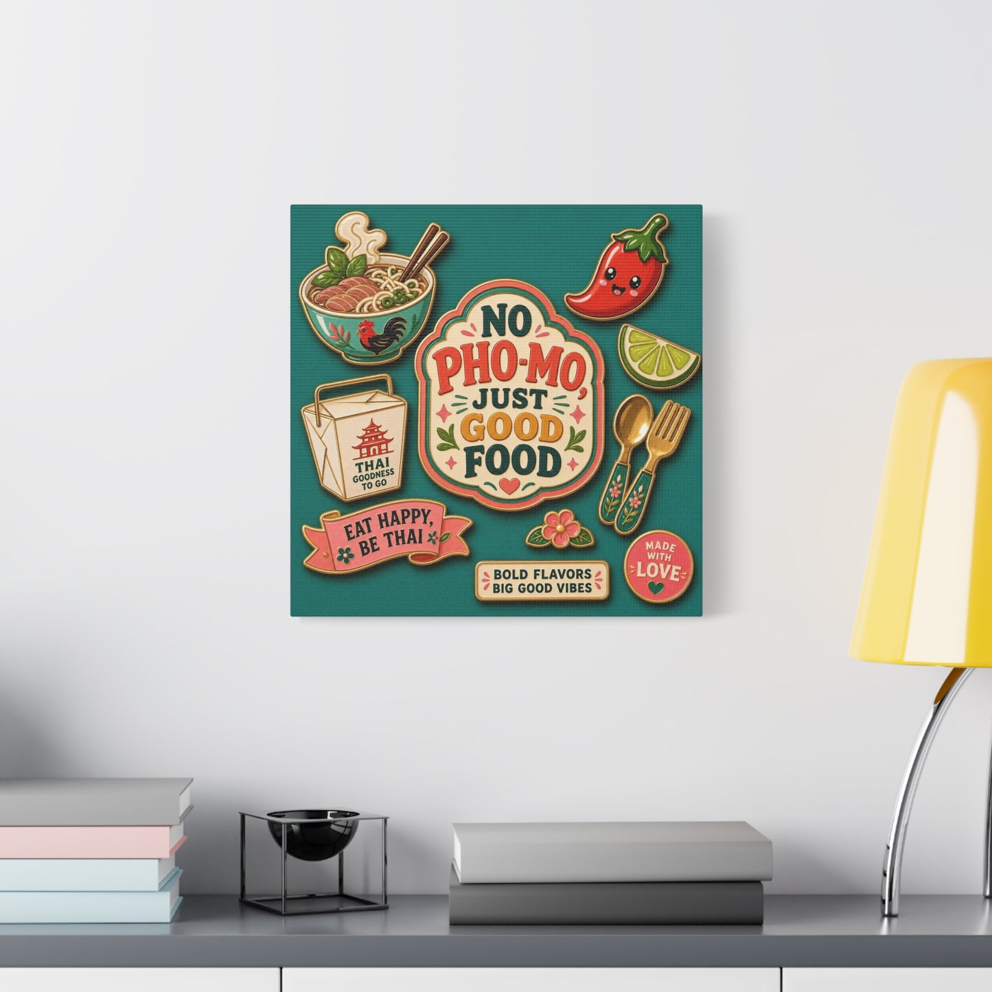 "No Pho-Mo Just Good Food" Canvas Wall Art - Thai Food Quote Kitchen Decor - Colorful Illustration Print, Retro Typography Style - Dining Room Accent, Cafe Wall Decor - Bedroom Home Decoration