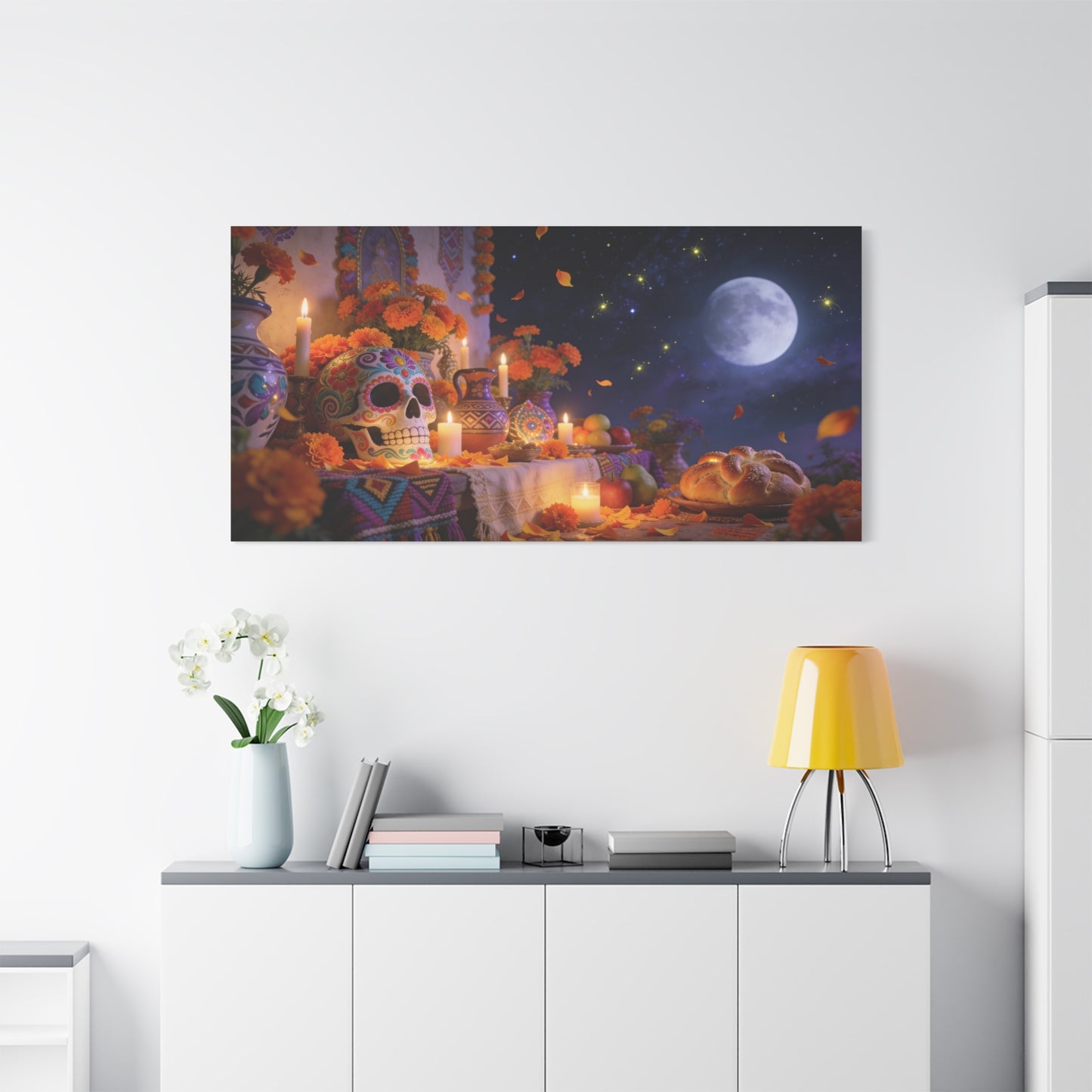 Day Of The Dead Altar Canvas Wall Art - Sugar Skull, Marigolds, Candles, Full Moon - Traditional Folk Style - Living Room Wall Decor, Dining Room Accent, Bedroom Home Decoration - Ready to Hang