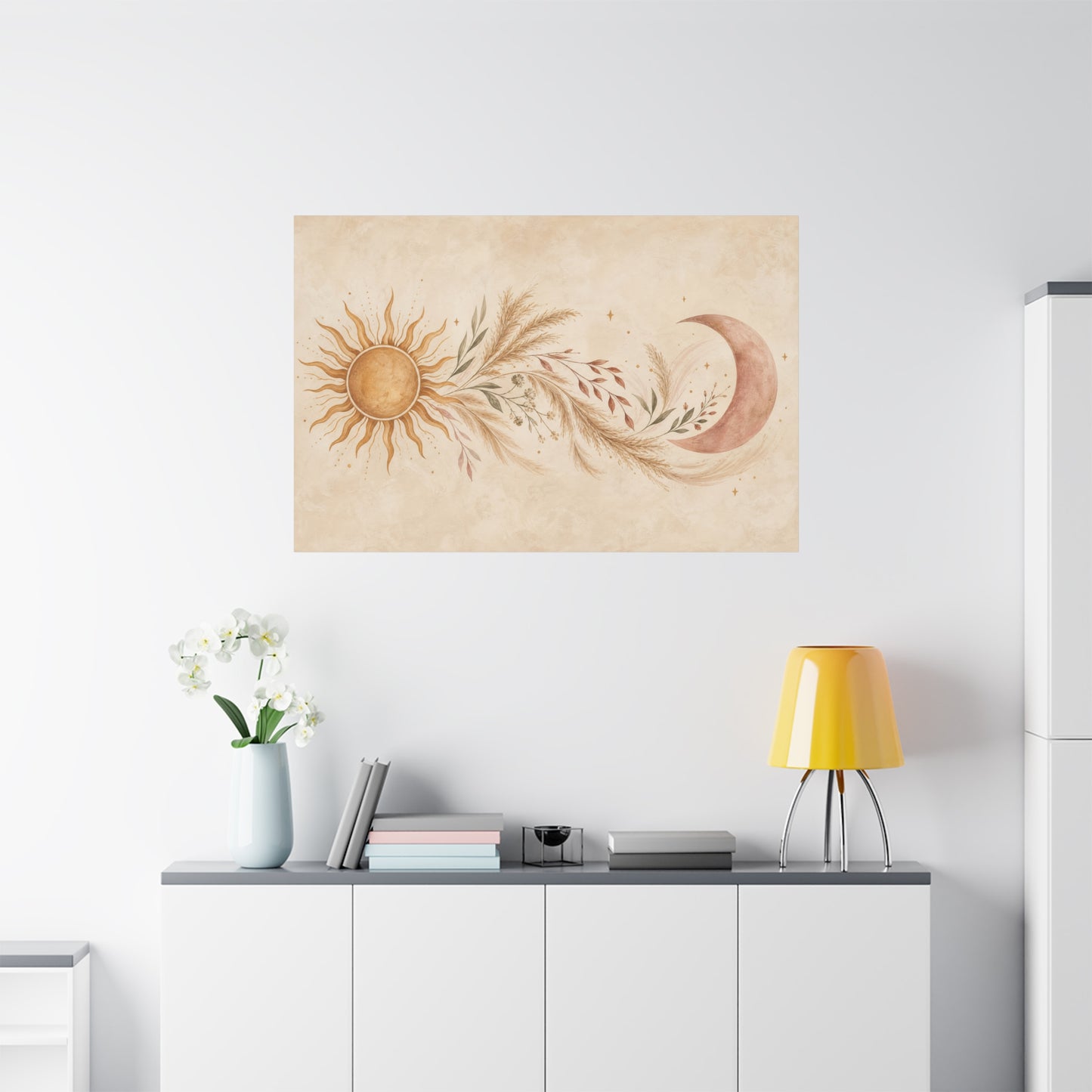 Boho Sun And Moon Canvas Wall Art - Celestial Botanical Pampas Grass Print - Neutral Beige Terracotta Modern Bohemian Decor - Bedroom Living Room Wall Decor - Meditation Space Accent - Ready to Hang