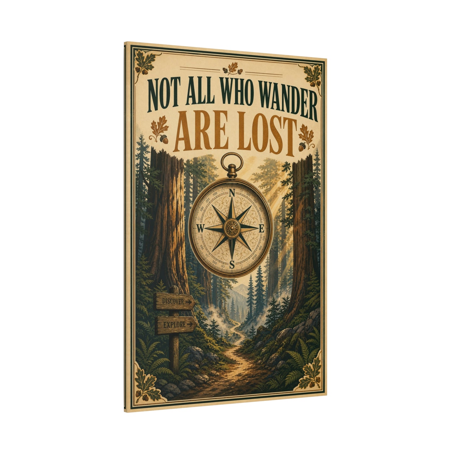 "Not All Who Wander Are Lost" Canvas Wall Art - Forest Compass Quote Print, Vintage Rustic Adventure Decor, Wanderlust Typography Poster Style, Living Room Bedroom Office - Living Room Wall Decor