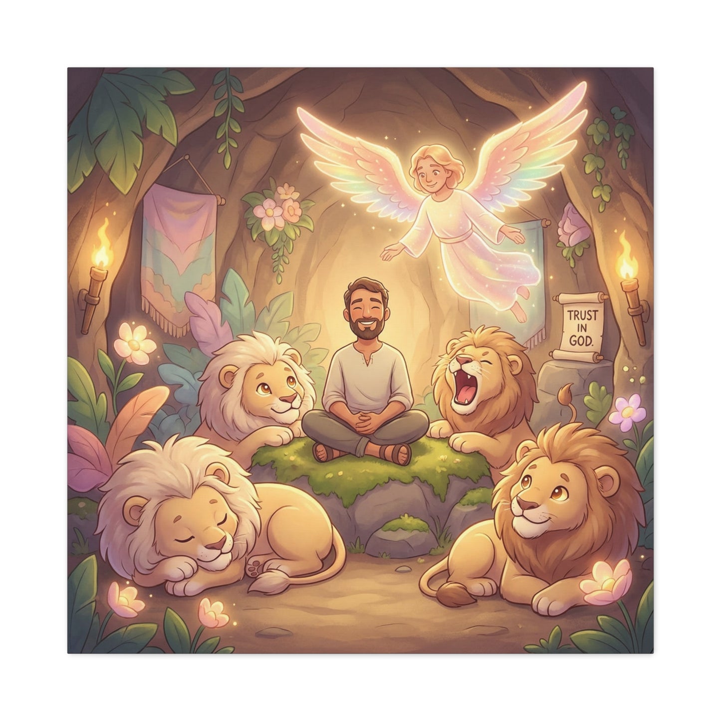 "Trust In God" Christian Canvas Wall Art - Angel, Man With Lions Cave Scene - Pastel Nursery Decor, Matte Cotton Print - Kids Bedroom Wall Decor, Playroom Home Decoration - Ready to Hang