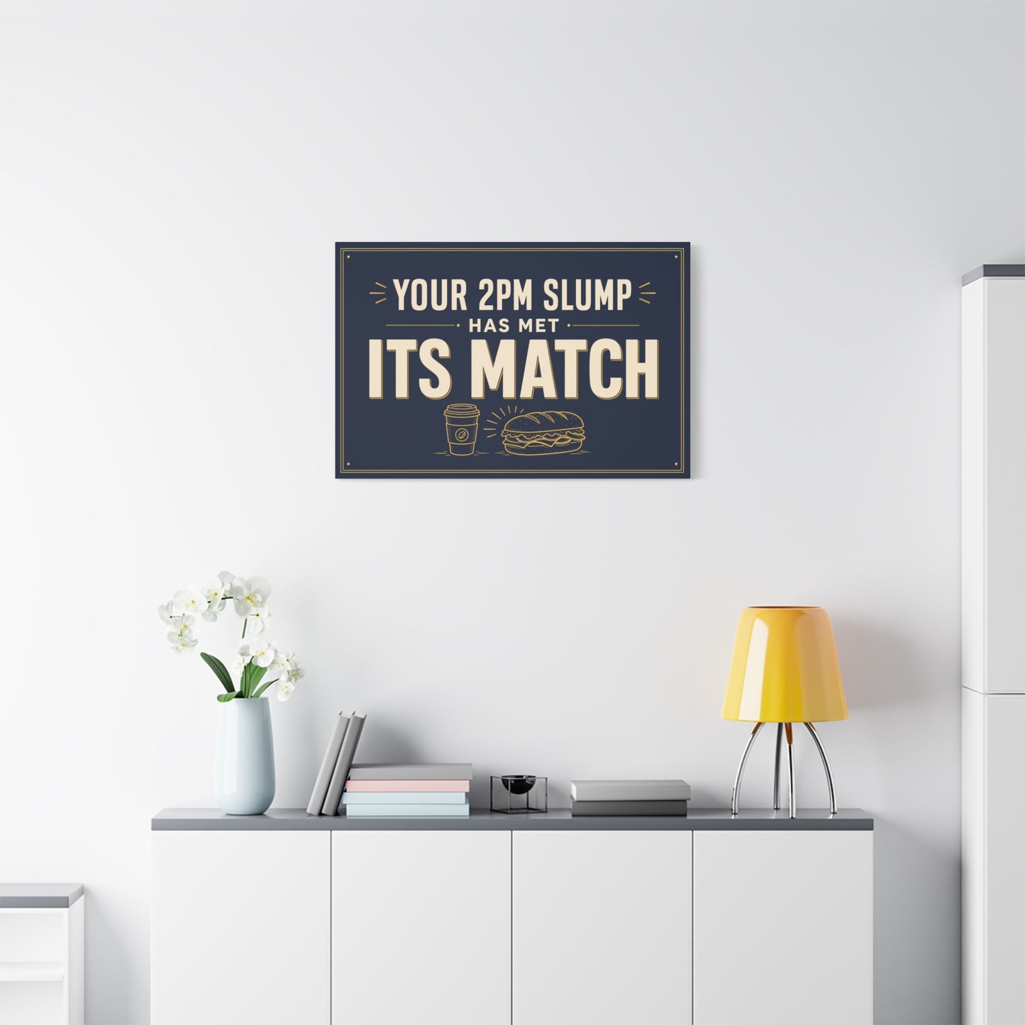 "Your 2PM Slump Has Met Its Match" Funny Canvas Wall Art - Coffee And Sandwich Typography Print - Navy Gold Retro Office Decor - Break Room Wall Hanging - Ready to Hang - Coffee Shop Decor