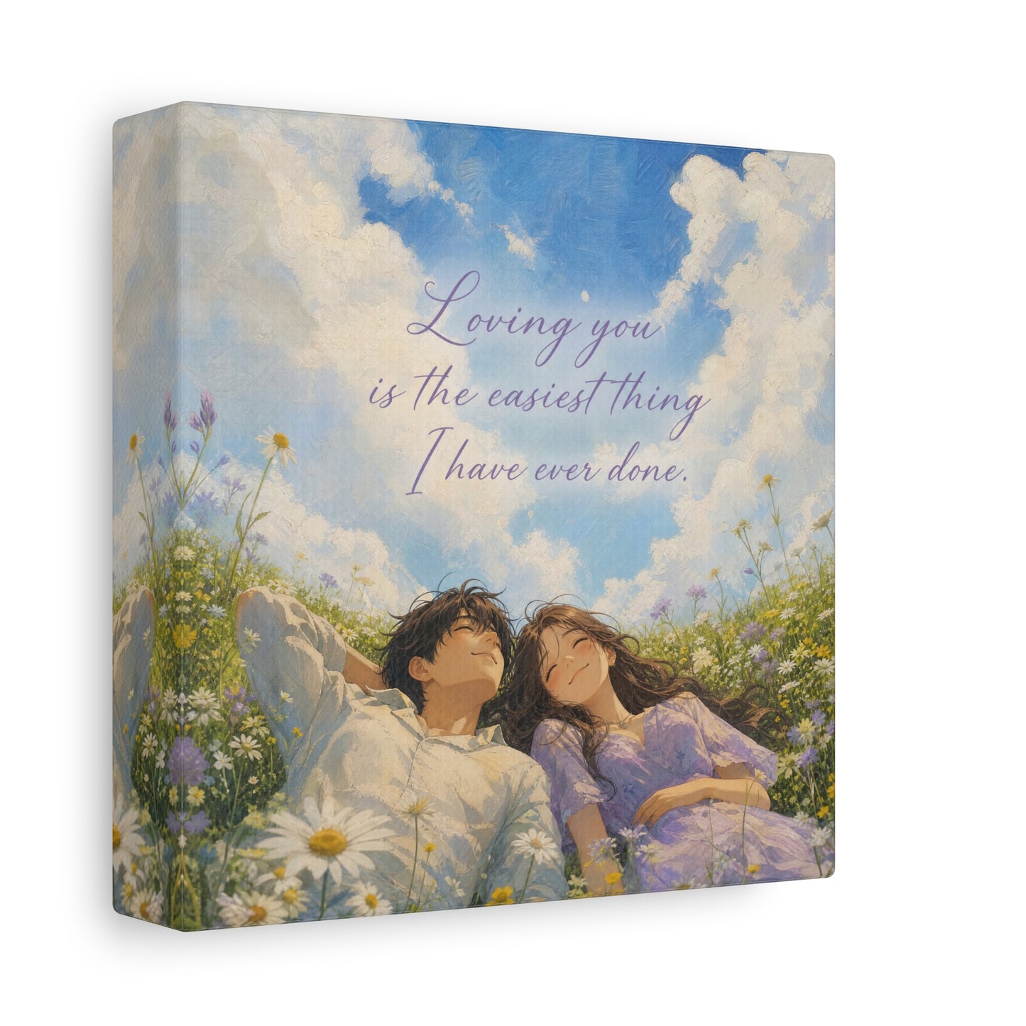 "Loving You Is The Easiest Thing I Have Ever Done." Canvas Wall Art - Romantic Couple In Wildflower Meadow Sky Quote Print - Dreamy Pastel Illustration - Ready to Hang - Living Room Wall Decor