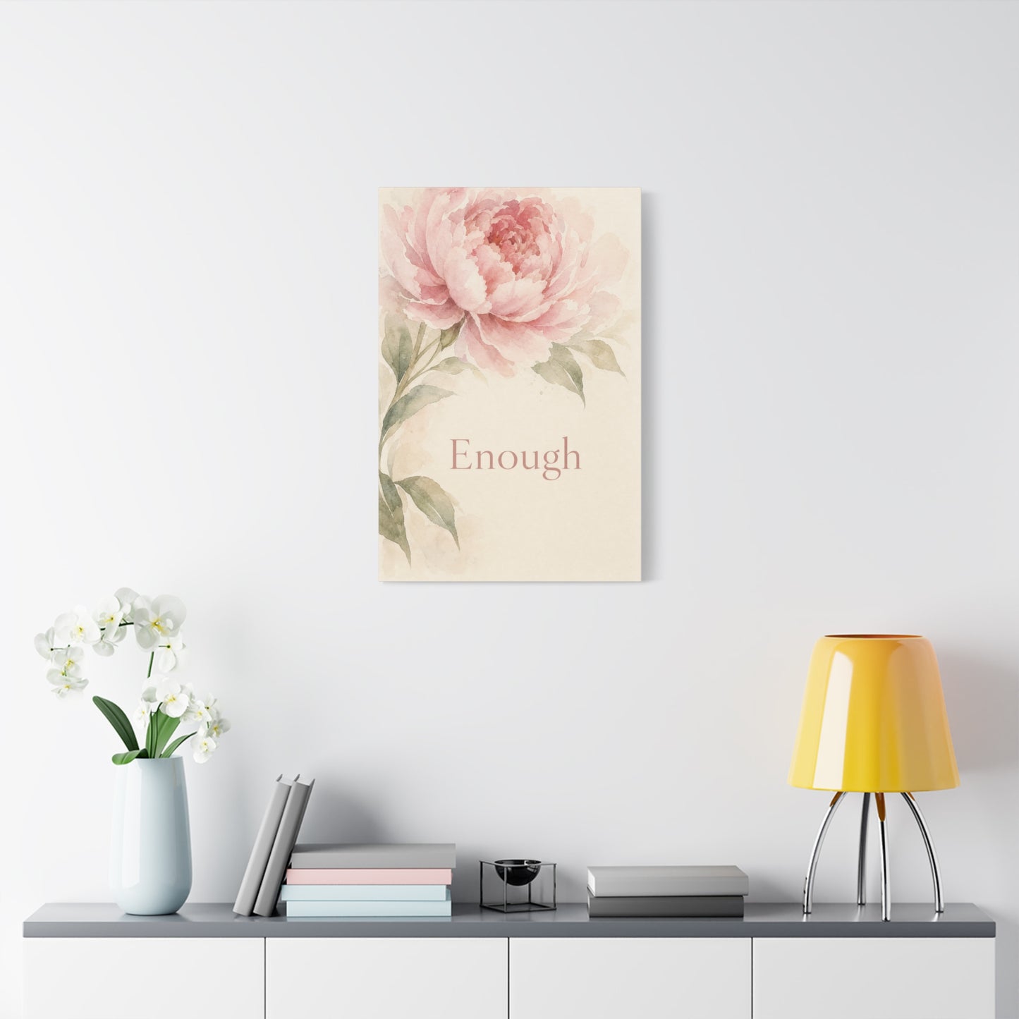 "Enough" Peony Canvas Wall Art - Pink Watercolor Floral Inspirational Print - Soft Botanical Bedroom Wall Decor - Feminine Home Decoration - Bedroom Home Decoration - Modern Farmhouse Style