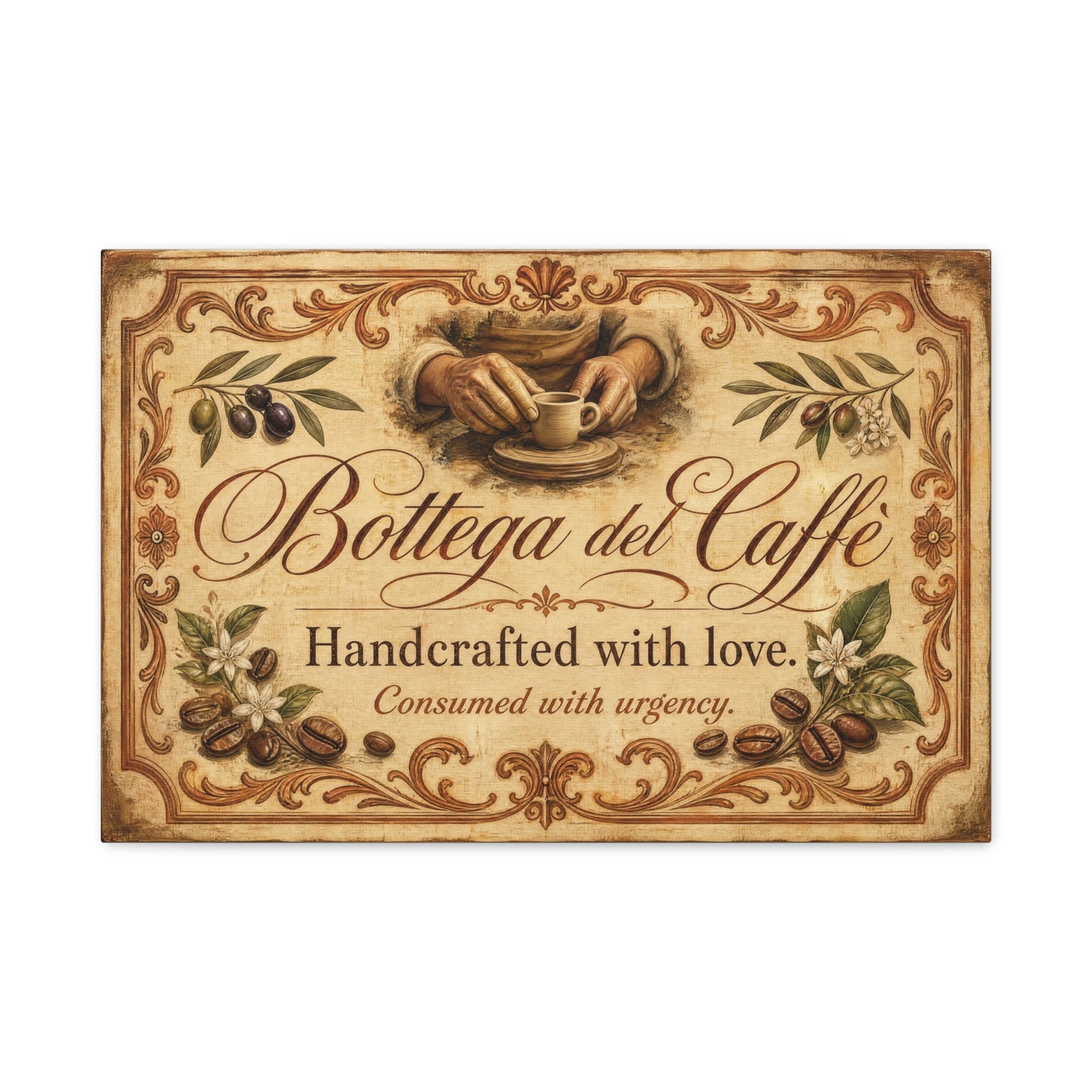 "Bottega del Caffe" Canvas Wall Art - Vintage Italian Coffee Quote Print, Olive Branches, Beans, Rustic Farmhouse Decor, Cafe Wall Hanging - Modern Farmhouse Style - Coffee Shop Decor - Ready to Hang