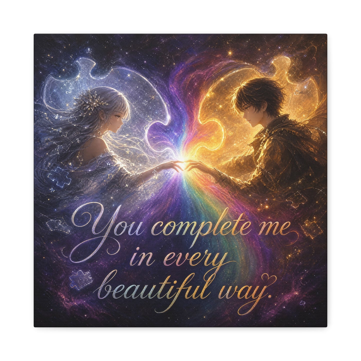 "You Complete Me In Every Beautiful Way" Romantic Couple Canvas Wall Art - Celestial Puzzle Soulmate Quote Print, Fantasy Love Decor - Bedroom Wall Hanging - Ready to Hang - Bedroom Home Decoration