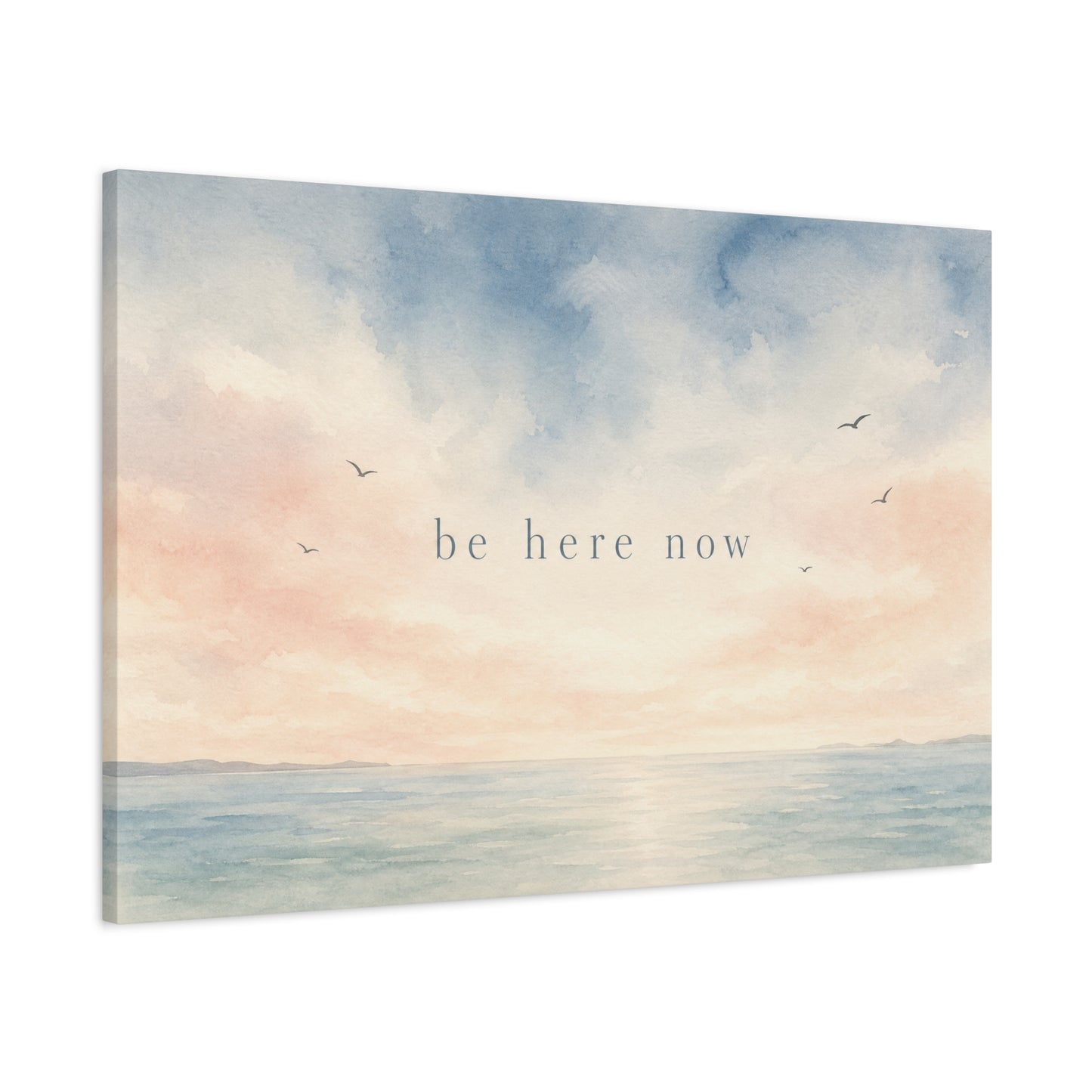 "Be Here Now" Coastal Canvas Wall Art - Pastel Ocean Seascape With Birds - Minimalist Inspirational Wall Decor - Serene Bedroom Home Decoration - Meditation Space Office Art - Bedroom Home Decoration