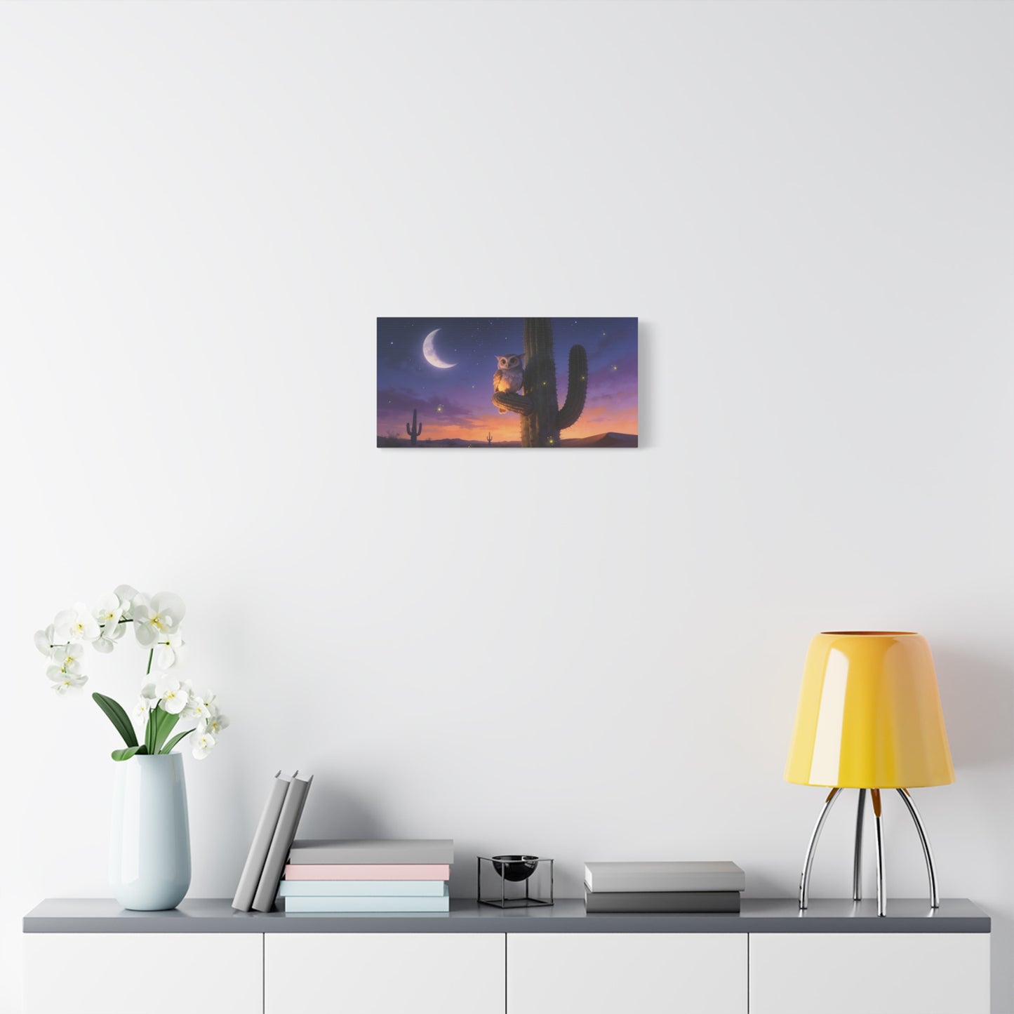 Owl On Saguaro Cactus Canvas Wall Art - Moonlit Desert Night Sky, Fireflies, Twilight Landscape - Matte Cotton Print - Contemporary Wildlife Style - Bedroom Living Room Decor - Living Room Wall Decor