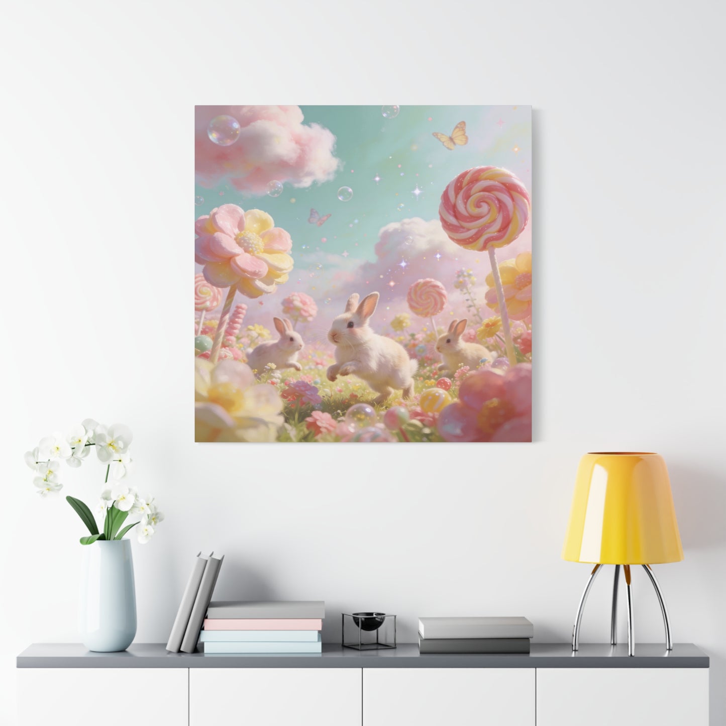Bunny Candyland Canvas Wall Art - Pastel Rabbit Meadow, Lollipop Flowers, Dreamy Nursery Wall Decor - Whimsical Illustration - Bedroom Home Decoration, Kids Room Accent - Bedroom Home Decoration