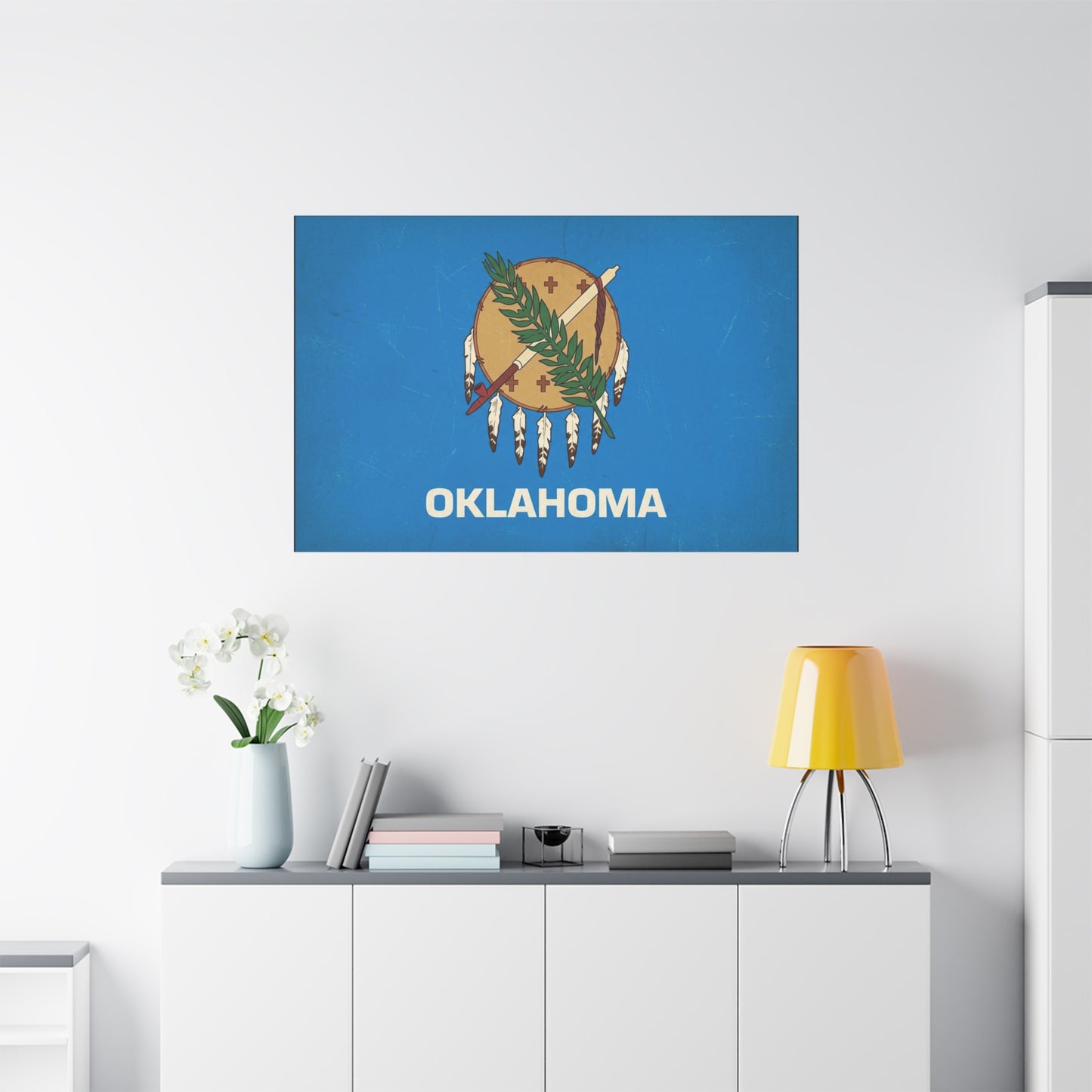 "OKLAHOMA" State Flag Canvas Wall Art - Vintage Blue Shield, Olive Branch And Peace Pipe Print - Rustic Americana Style - Living Room Decor, Office Wall Accent - Ready to Hang - Modern Farmhouse Style