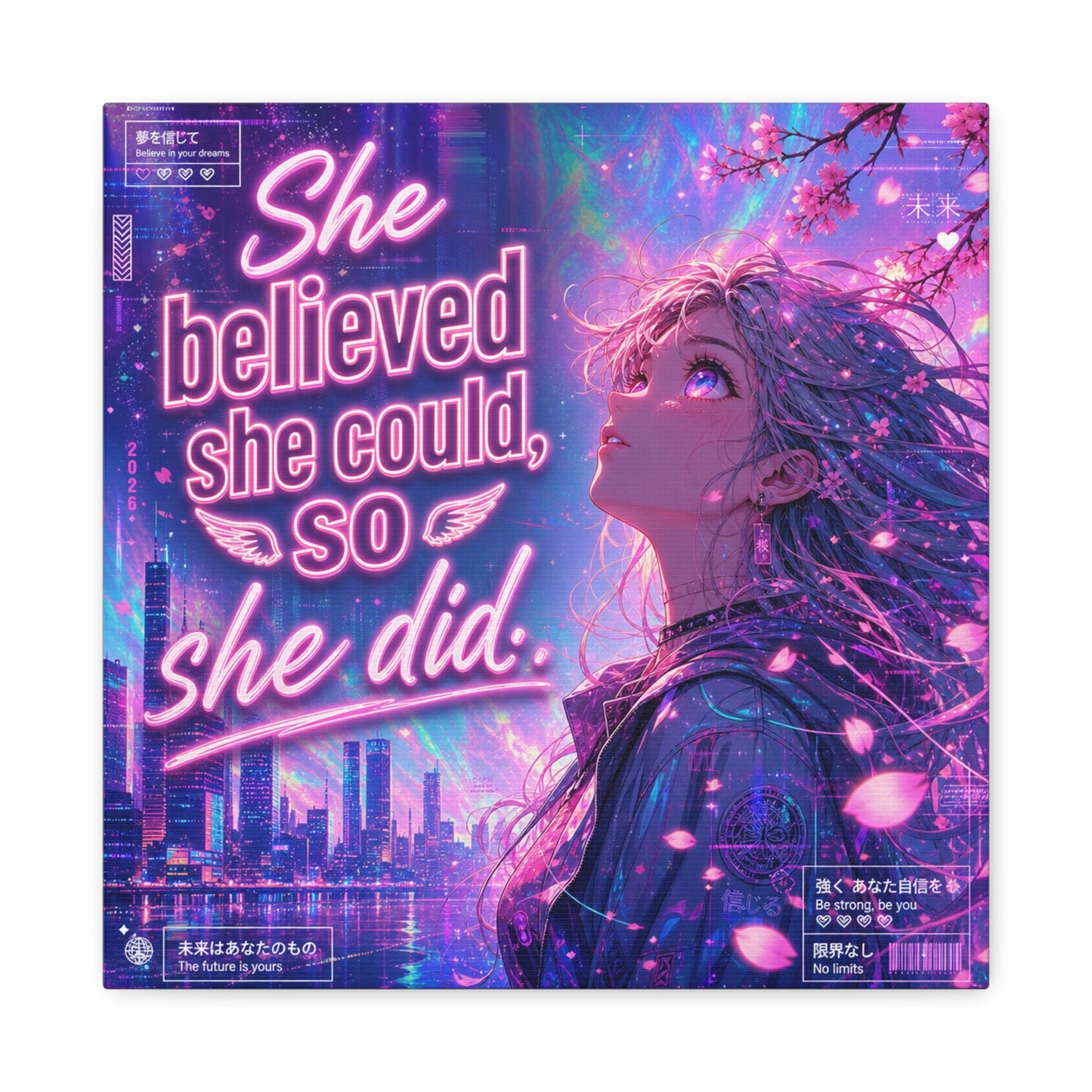 "She Believed She Could, So She Did" Anime Girl Canvas Wall Art - Neon Sakura Cityscape, Inspirational Typography Print - Contemporary Bedroom Wall Decor, Teenager Room Decor - Bedroom Home Decoration