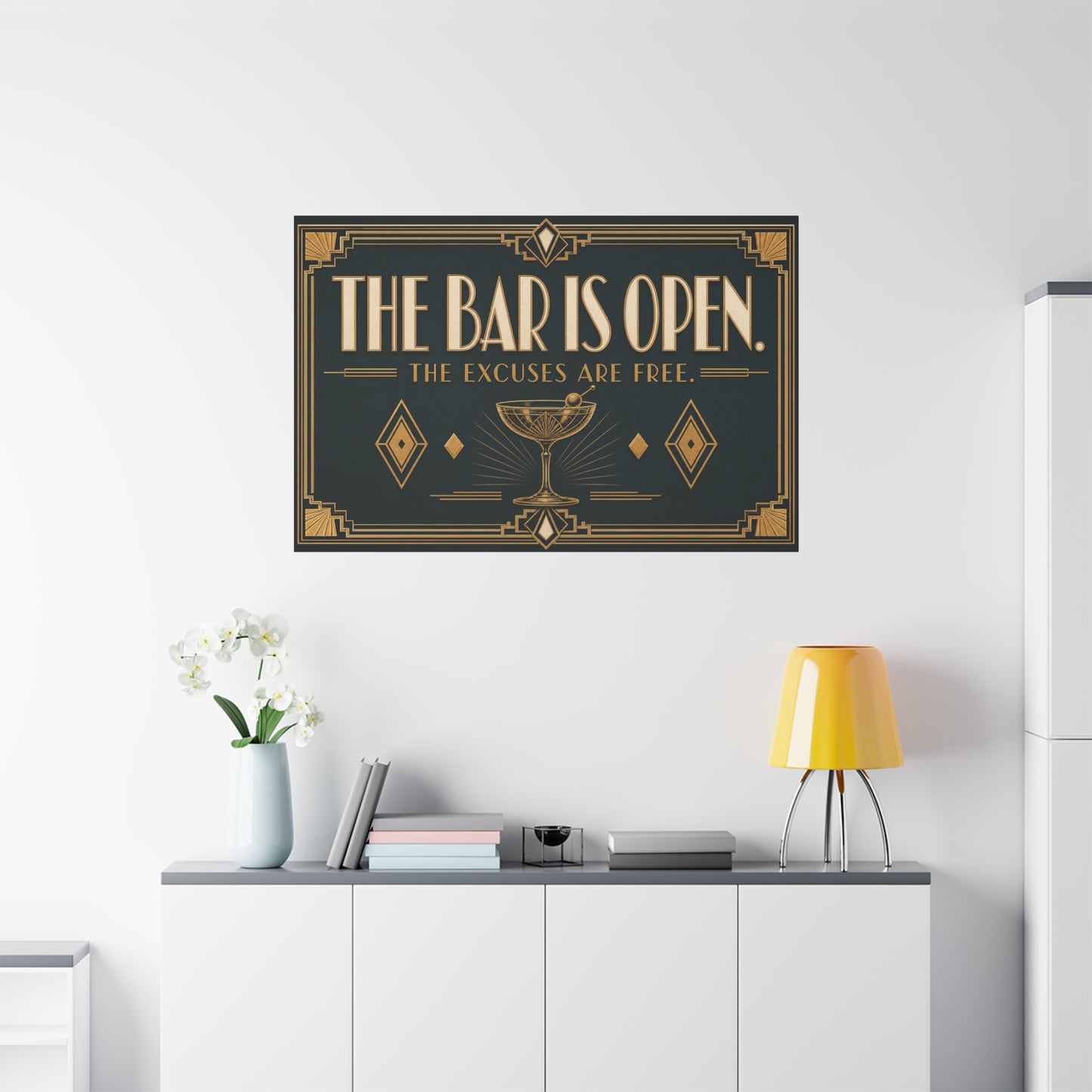 "The Bar Is Open. The Excuses Are Free." Art Deco Canvas Wall Art - Cocktail Lounge Quote Print, Vintage Bar Cart Decor, Speakeasy Style - Ready to Hang - Tavern Wall Decor - Speakeasy Style Sign