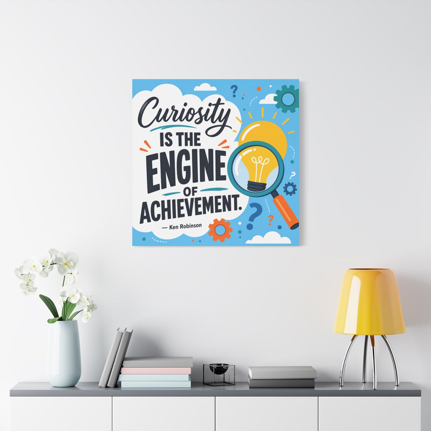 "Curiosity Is The Engine Of Achievement." Quote Canvas Wall Art - Classroom Inspirational Decor, Light Bulb Learning Poster, Teacher Office Wall Hanging, Kids Study Room Decoration - Ready to Hang