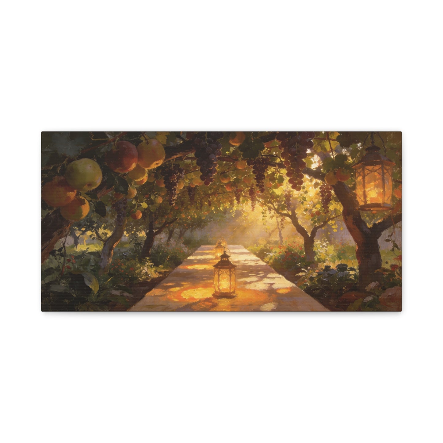 Fruit Orchard Canvas Wall Art - Lantern Lit Garden Path, Grape Vine And Apple Tree Painting - Matte Cotton Print, Rustic Traditional Style - Living Room Wall Decor, Bedroom Accent - Ready to Hang