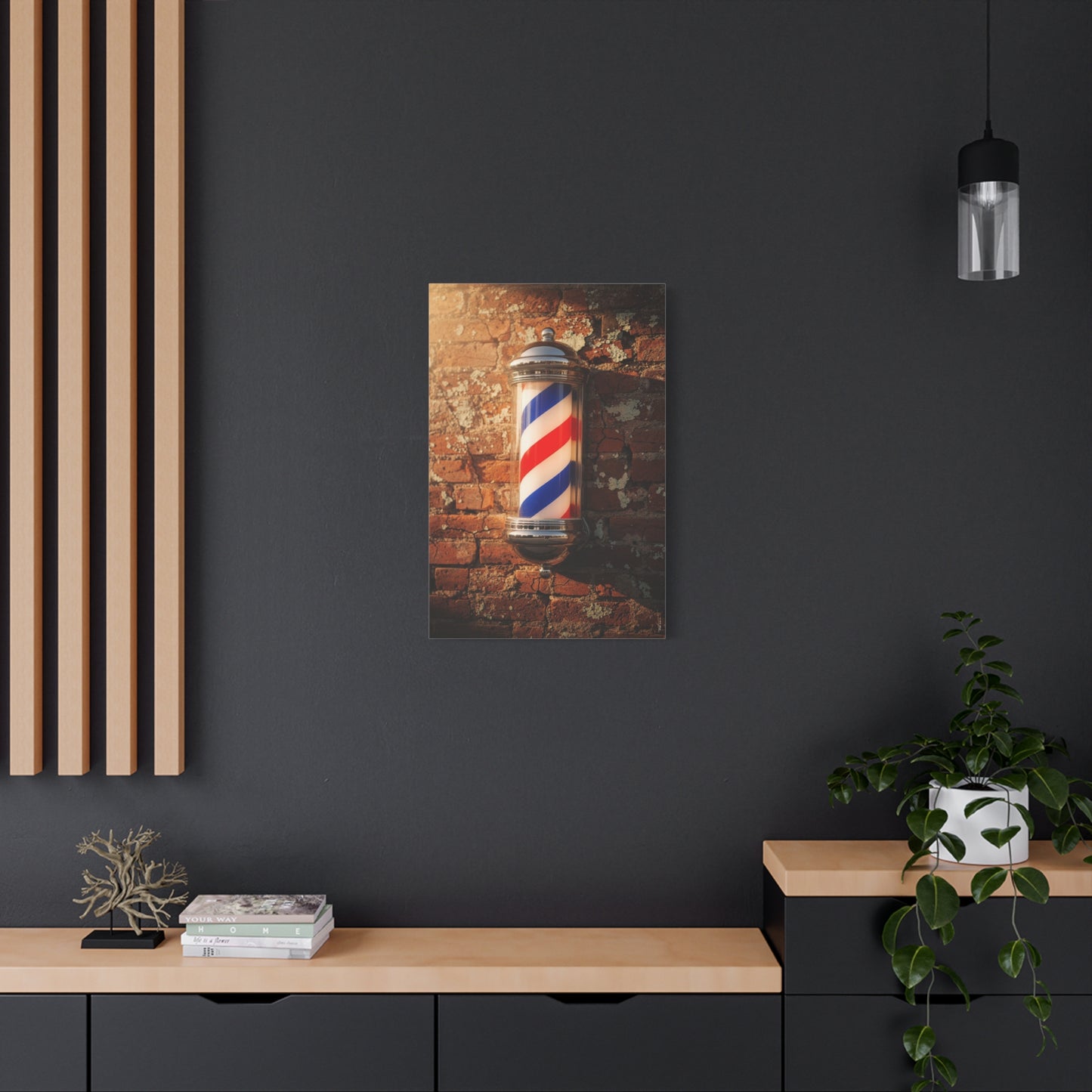 Vintage Barber Pole Canvas Wall Art - Rustic Brick Wall Art Print, Red Blue White Stripe Shop Decor - Matte Cotton Art Print - Barbershop Interior Accent, Lobby Workspace Styling - Ready to Hang