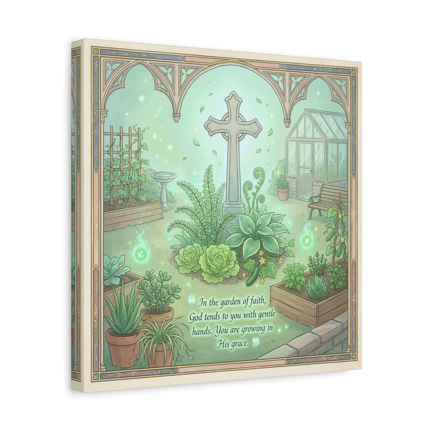 "In The Garden Of Faith" Christian Canvas Wall Art - Cross Garden Quote Print - Botanical Scripture Decor, Matte Cotton Canvas - Traditional Religious Wall Decor For Bedroom Office - Ready to Hang