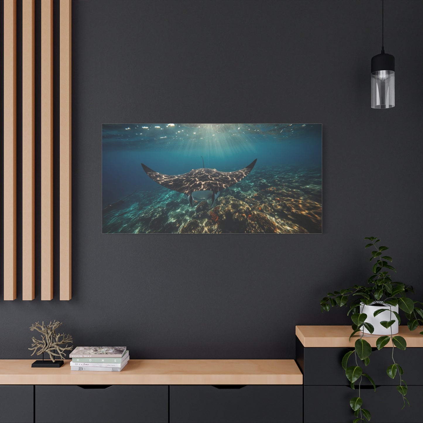 Manta Ray Canvas Wall Art - Underwater Ocean Art Print, Blue Coral Reef Seascape - Matte Cotton Canvas Print - Coastal Wall Decor, Living Room Home Decoration, Office Art - Bedroom Home Decoration