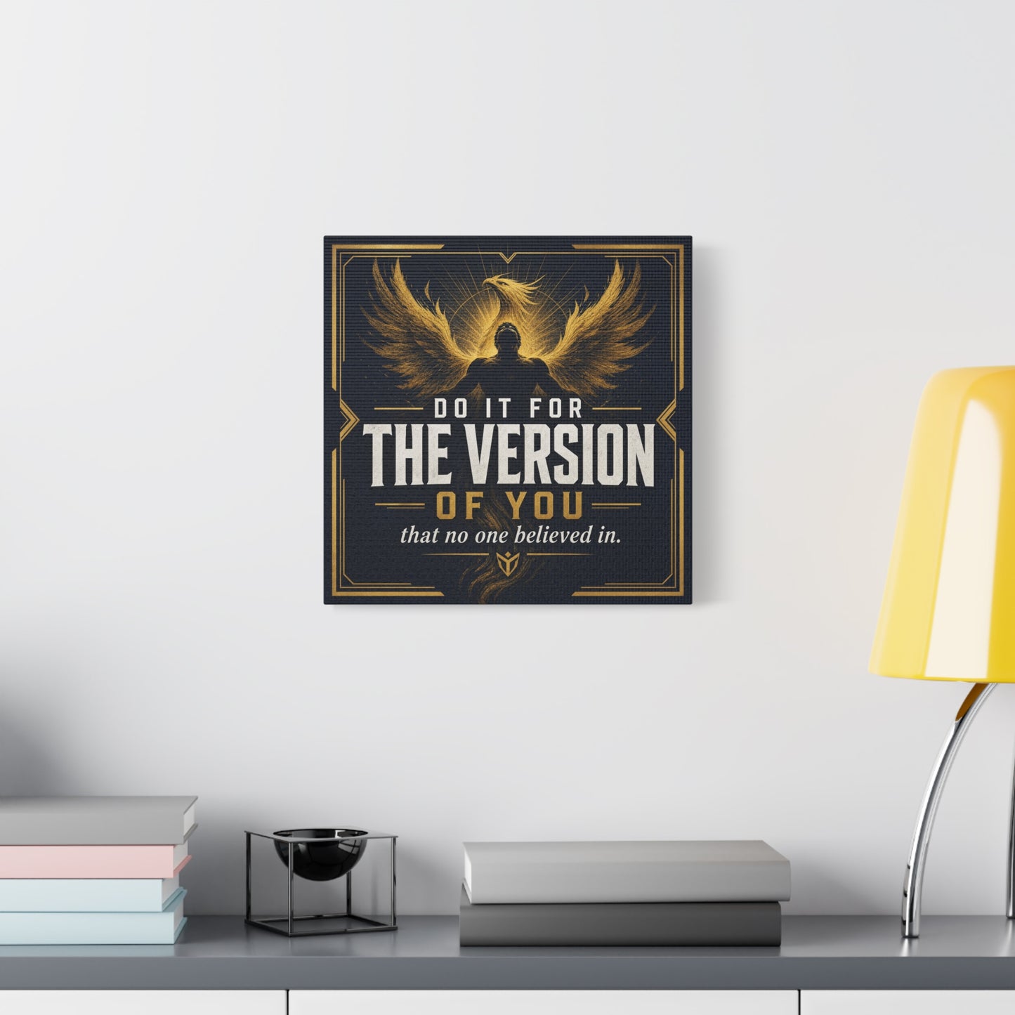 "Do It For The Version Of You That No One Believed In" Inspirational Canvas Wall Art - Phoenix Wings Motivational Quote Print - Black Gold Typography Decor For Office Bedroom - Living Room Wall Decor