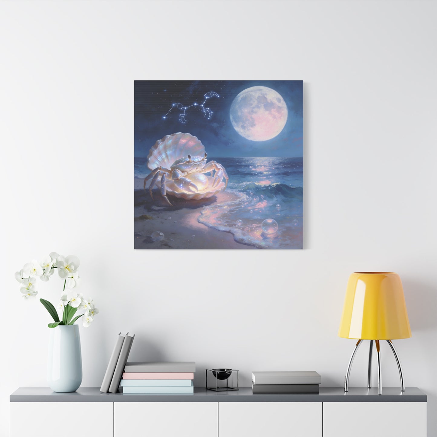 Moonlit Crab Canvas Wall Art - Zodiac Cancer Seascape, Pearl Shell Ocean Night Decor - Dreamy Coastal Illustration, capiz shells wall decor, Bedroom Home Decoration - Bedroom Home Decoration