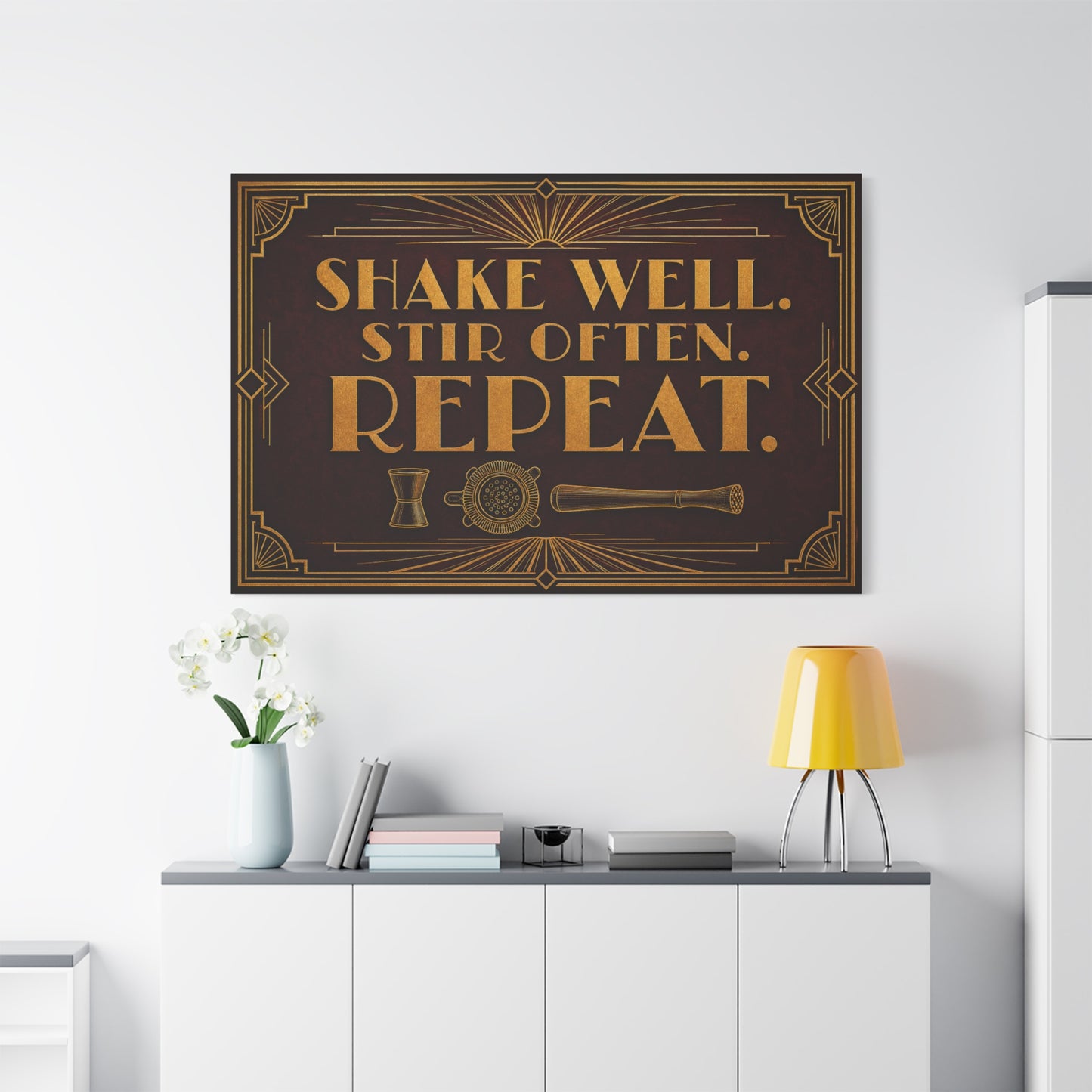 "Shake Well. Stir Often. Repeat." Cocktail Canvas Wall Art - Art Deco Bar Quote Print, Vintage Gold Typography, Speakeasy Lounge Decor, Home Bar Decoration - Ready to Hang - Tavern Wall Decor