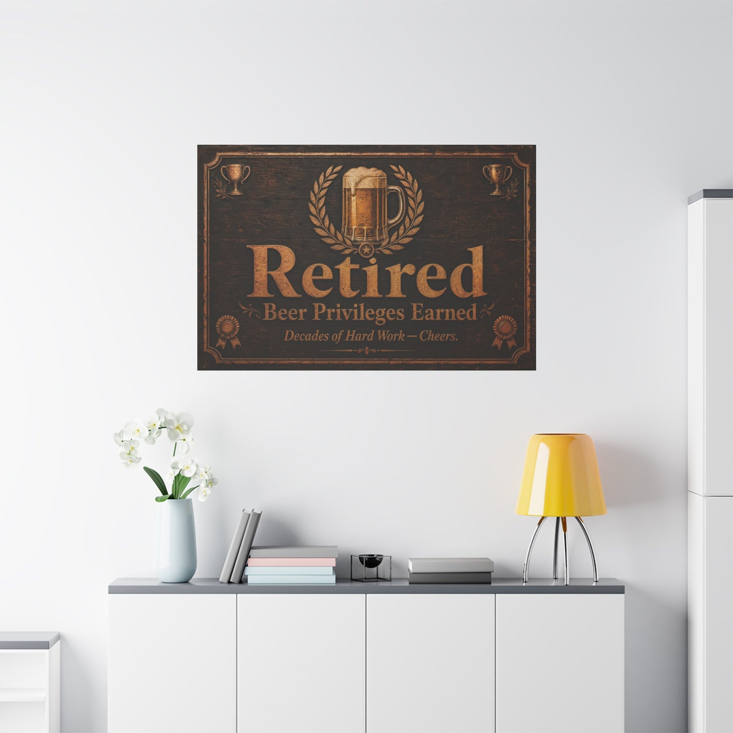 "Retired Beer Privileges Earned. Decades Of Hard Work - Cheers." Canvas Wall Art - Rustic Pub Sign, Vintage Bar Decor, Office Wall Hanging - Ready to Hang - Ready to Hang - Cocktail Lounge Decor