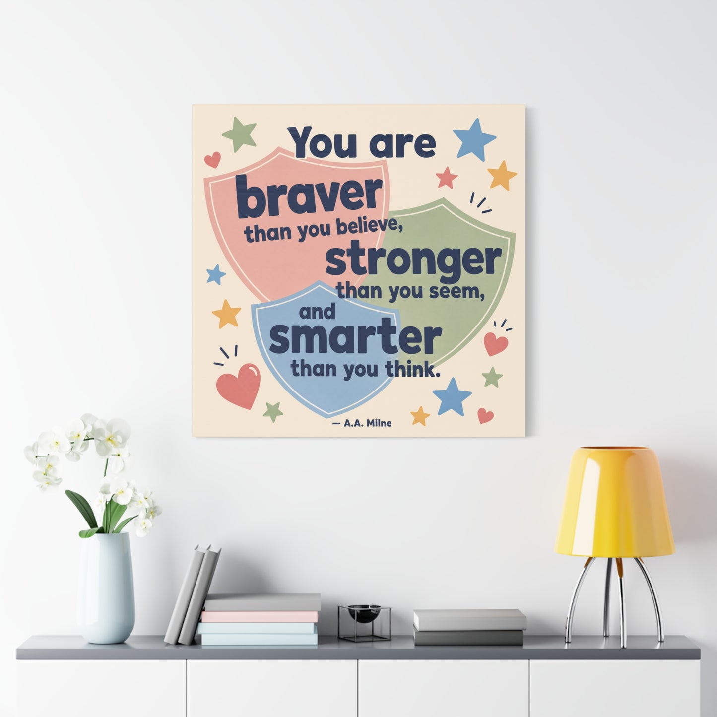 "You Are Braver, Stronger, Smarter" Quote Canvas Wall Art - Kids Inspirational Typography Print, Pastel Shield Stars Hearts Design - Nursery Bedroom Classroom Decor - Office Wall Art - Ready to Hang