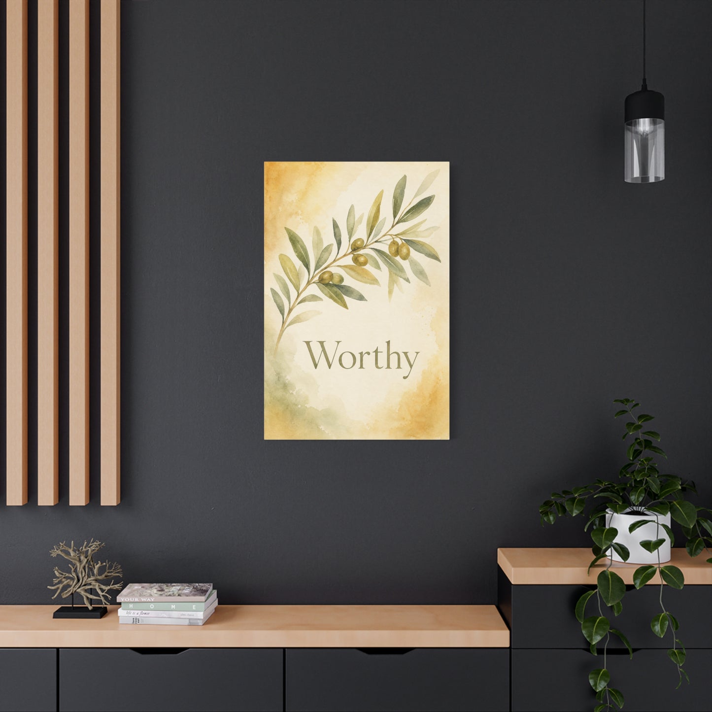 "Worthy" Olive Branch Canvas Wall Art - Botanical Inspirational Wall Decor - Watercolor Sage Gold Canvas Print - Bedroom Living Room Decoration - Ready to Hang - Bedroom Home Decoration