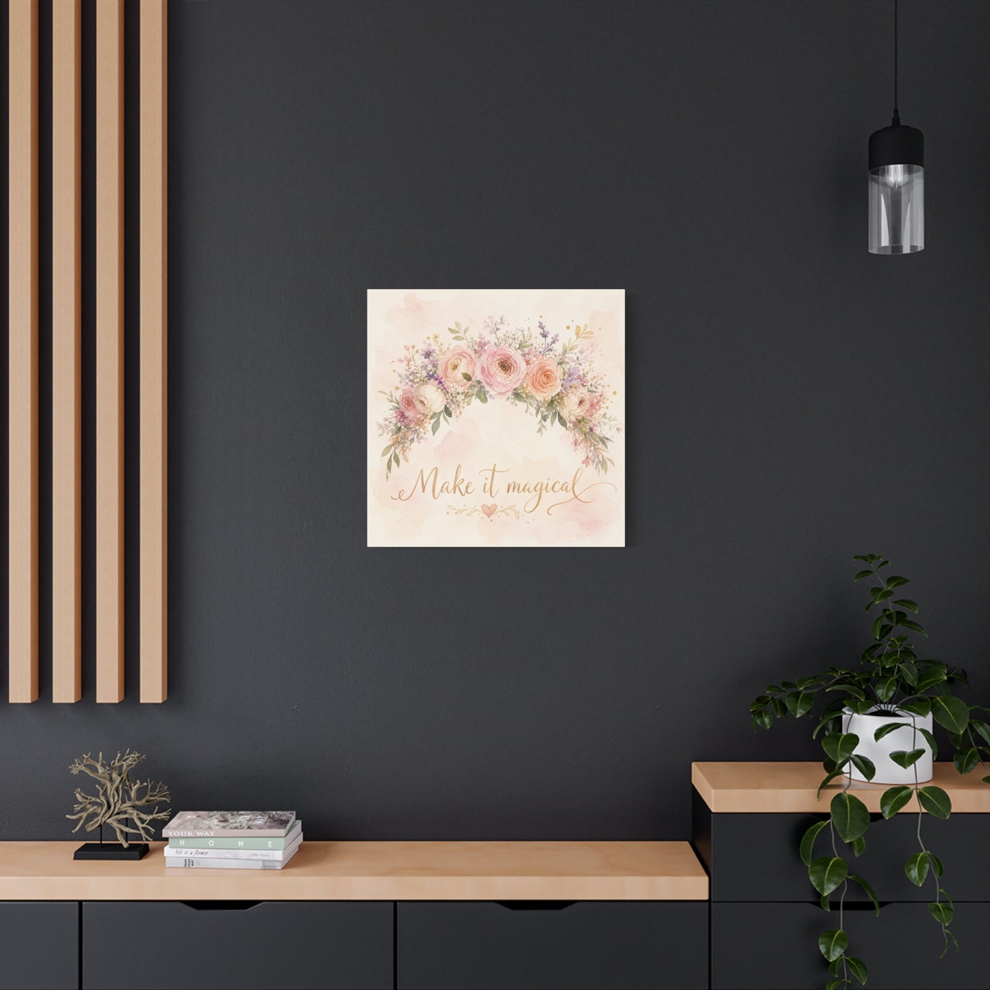 "Make It Magical" Floral Canvas Wall Art - Blush Rose Watercolor Quote Print, Pink Botanical Home Decor, Girls Bedroom Wall Decoration, Nursery Accent, Bohemian Living Room Style - Ready to Hang