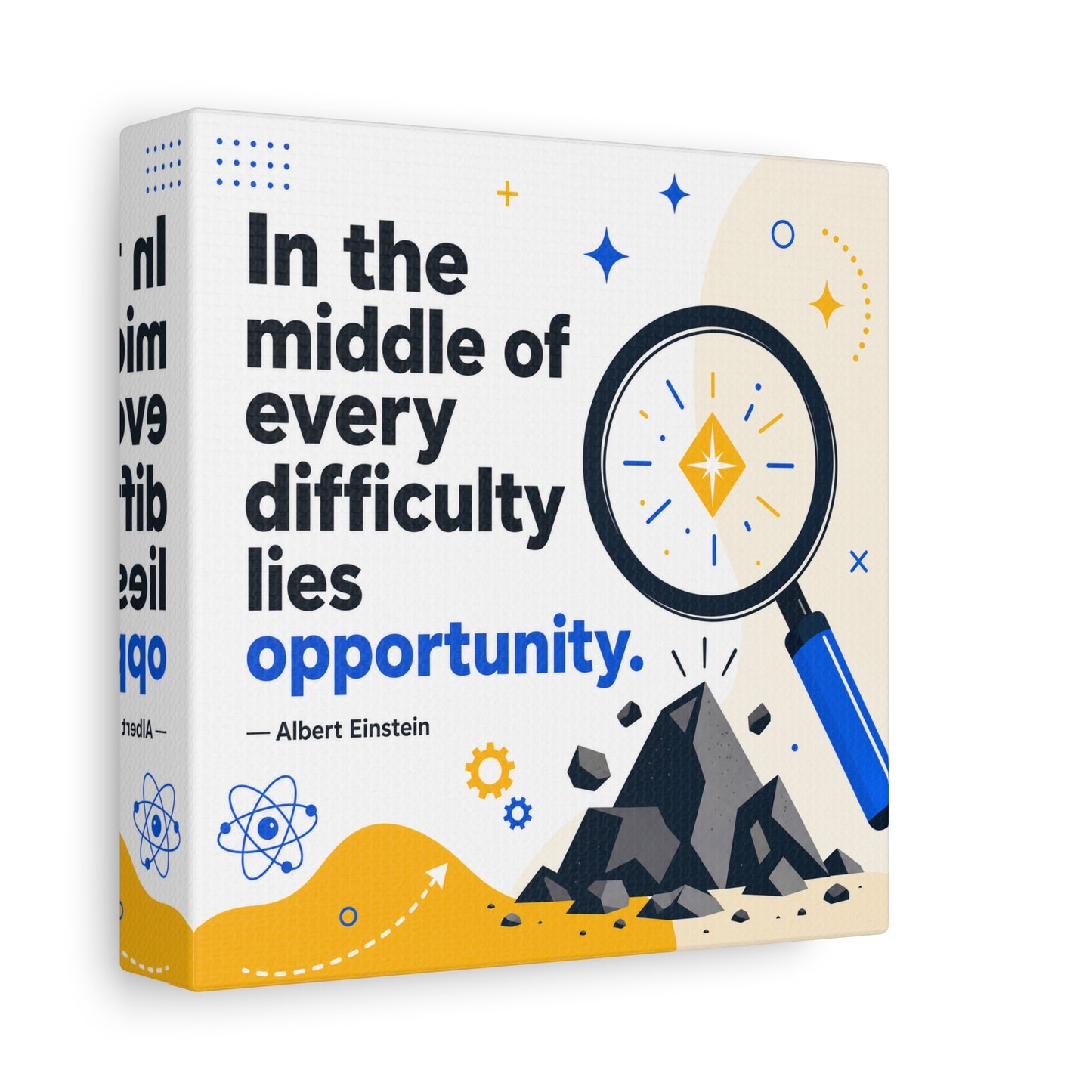 "In The Middle Of Every Difficulty Lies Opportunity." Einstein Canvas Wall Art - Motivational Quote Print, Blue Yellow Modern Typography, Office Decor, Classroom Inspiration, Study Room Accent