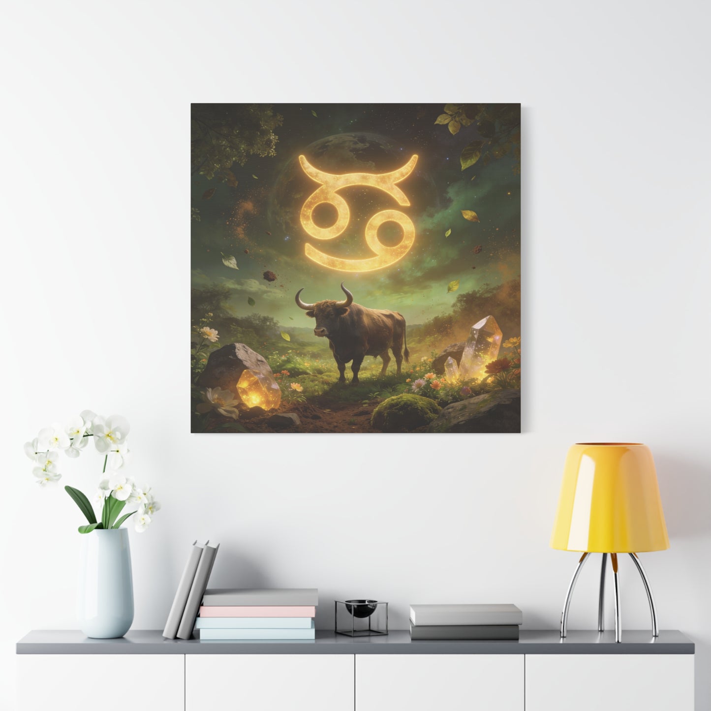Cancer Zodiac Canvas Wall Art - Glowing Astrology Symbol, Bull And Crystal Fantasy Scene - Celestial Green Gold Illustration - Bedroom Home Decoration, Meditation Space Accent - Living Room Wall Decor