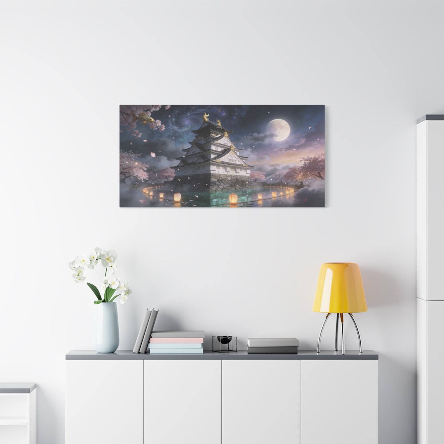 Japanese Castle Canvas Wall Art - Moonlit Cherry Blossom Pagoda, Floating Koi, Fantasy Night Sky - Matte Cotton Art Print - Contemporary Landscape Style For Living Room Wall Decor - Ready to Hang