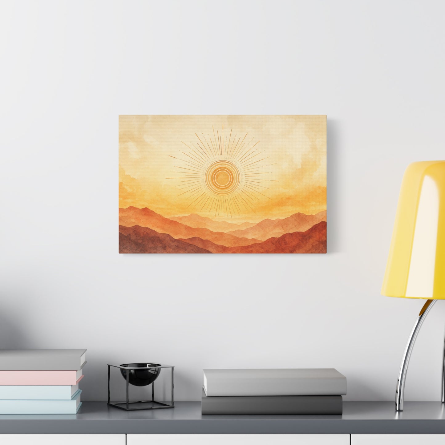 Sunburst Desert Mountain Canvas Wall Art - Golden Watercolor Landscape Print, Contemporary Southwest Style - Living Room Wall Decor, Bedroom Home Decoration, Meditation Space Accent - Ready to Hang