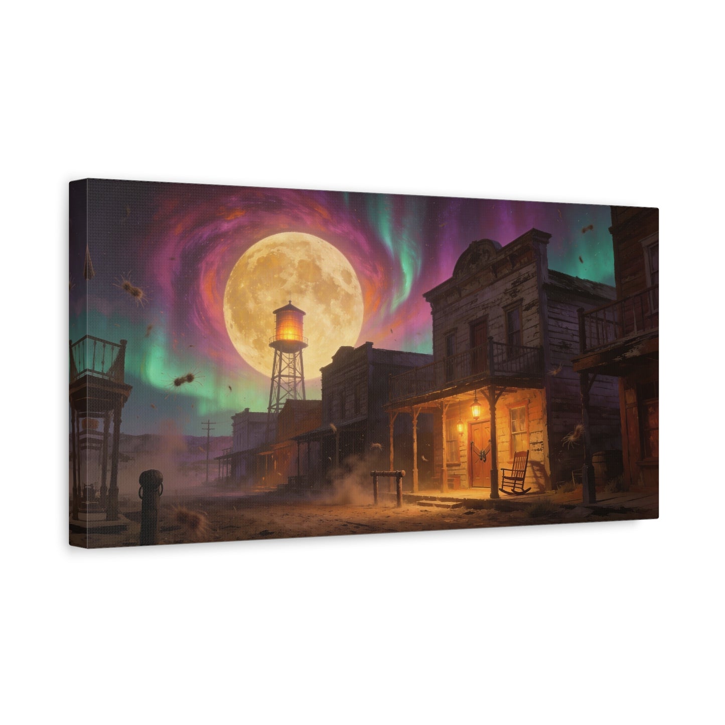 Moonlit Western Town Canvas Wall Art - Surreal Desert Street, Water Tower, Aurora Sky - Matte Cotton Art Print - Vintage Frontier Style, Living Room Wall Decor Office Accent - Bedroom Home Decoration