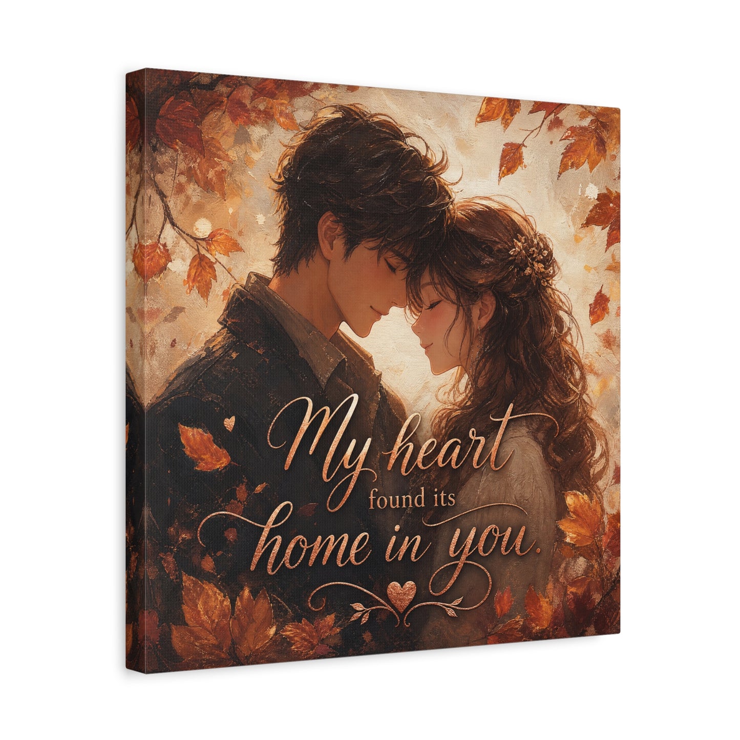 "My Heart Found Its Home In You" Romantic Couple Canvas Wall Art - Autumn Leaves Love Quote Print, Warm Rustic Traditional Style - Bedroom Wall Decor - Ready to Hang - Bedroom Home Decoration