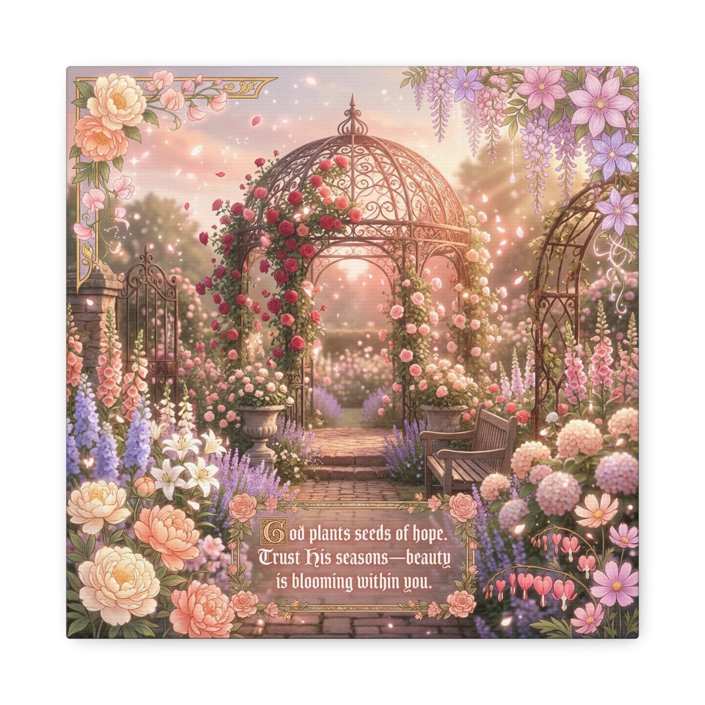 "God Plants Seeds Of Hope" Floral Garden Canvas Wall Art - Romantic Rose Gazebo Scripture Quote Print - Matte Botanical Cottagecore Decor - Bedroom Living Room Home Decoration - Living Room Wall Decor