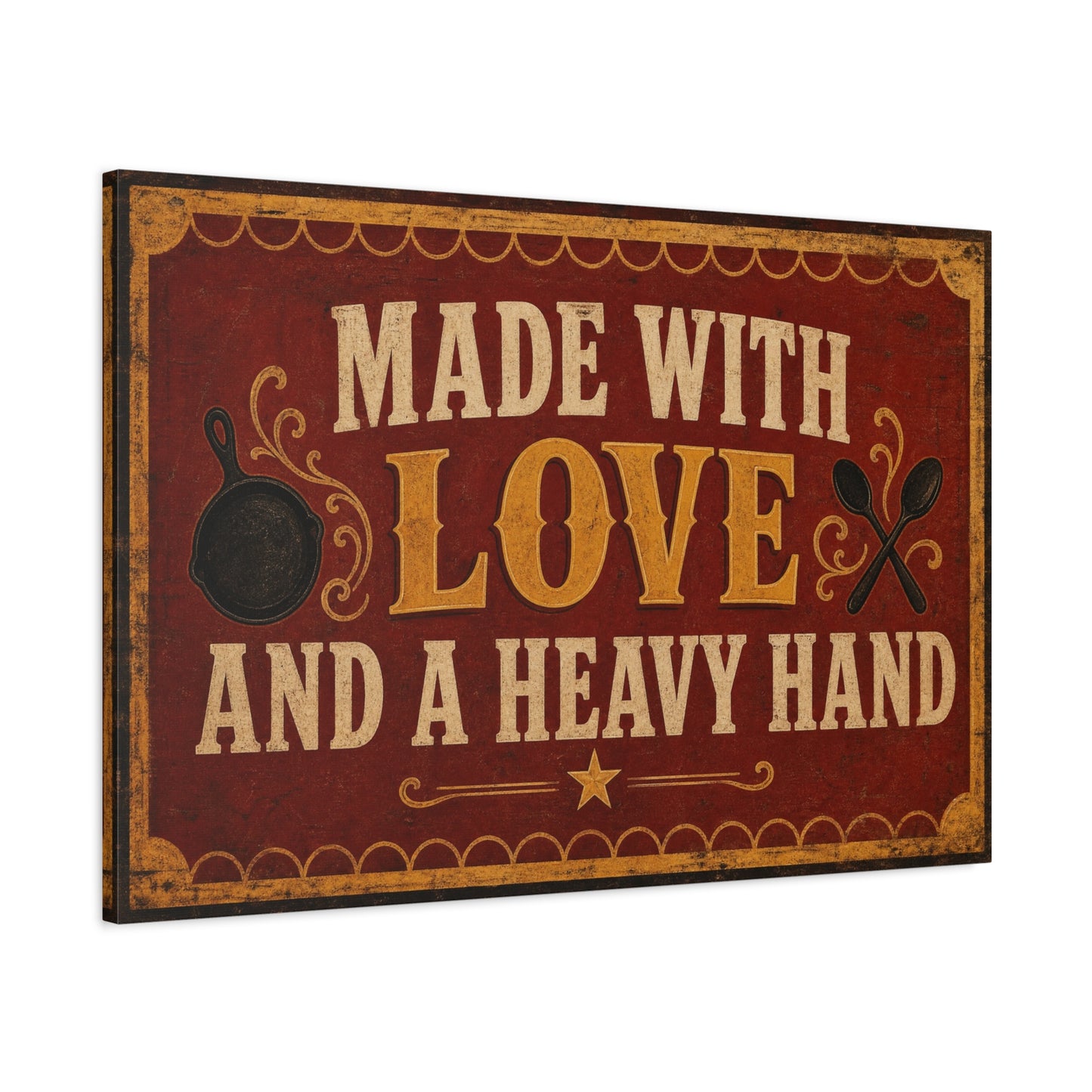 "Made With Love And A Heavy Hand" Kitchen Canvas Wall Art - Rustic Vintage Typography Print, Farmhouse Cooking Decor, Dining Room Wall Decor, Country Home Decoration - Ready to Hang - Ready to Hang