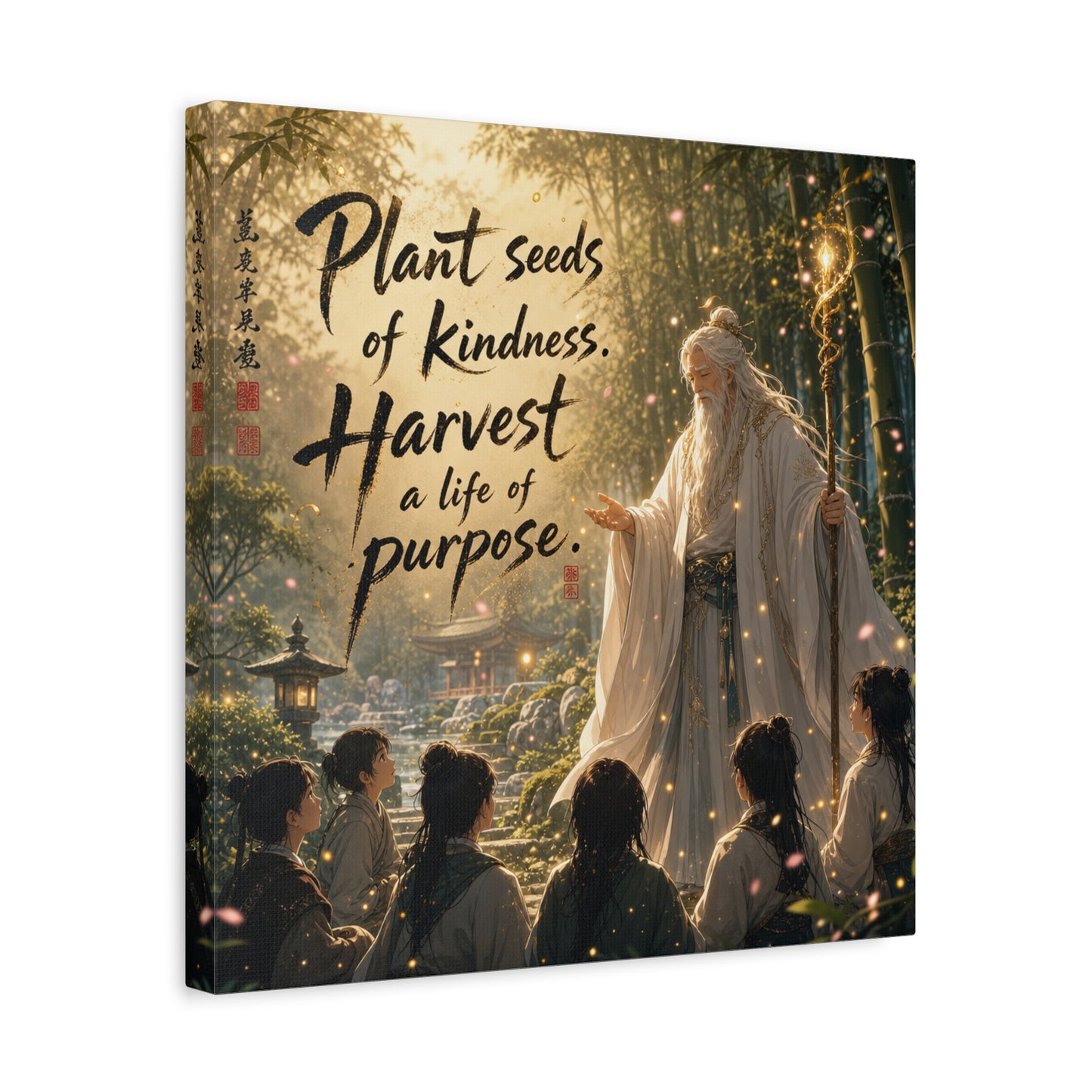 "Plant Seeds Of Kindness. Harvest A Life Of Purpose." Zen Canvas Wall Art - Wise Elder In Bamboo Garden, Inspirational Typography Print - Traditional Style, Bedroom Meditation Decor - Office Wall Art