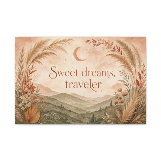 "Sweet Dreams, Traveler" Canvas Wall Art - Boho Moon Mountain Landscape Print - Neutral Botanical Bedroom Decor - Rustic Contemporary Wall Hanging - Ready to Hang - Bedroom Home Decoration