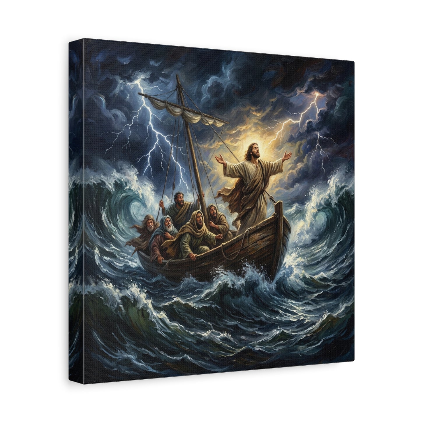 Jesus Calming The Storm Canvas Wall Art - Bible Boat Sea Scene, Dramatic Lightning Waves - Cotton Matte Print - Traditional Religious Decor For Living Room Office Bedroom - Living Room Wall Decor