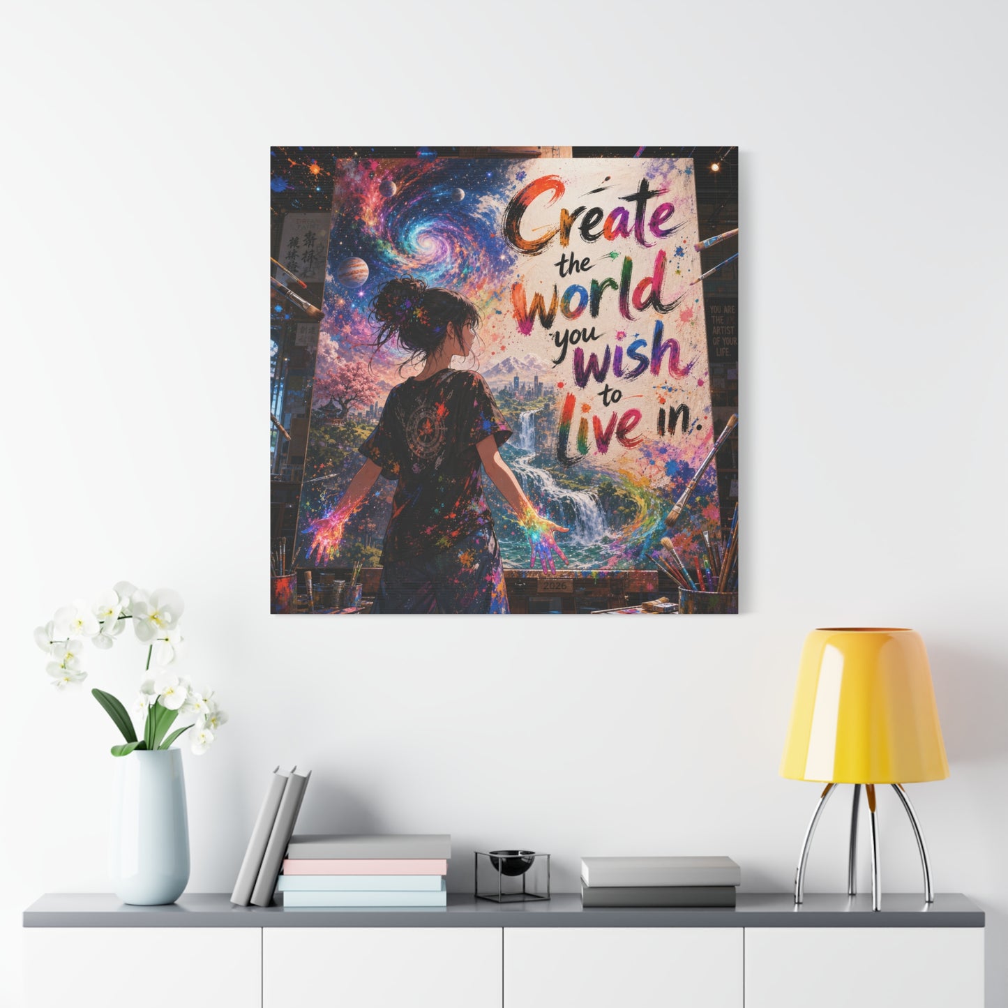 "Create The World You Wish To Live In" Inspirational Canvas Wall Art - Colorful Cosmic Artist Girl Quote Print - Modern Typography Decor - Bedroom Home Decoration, Creative Office Accent