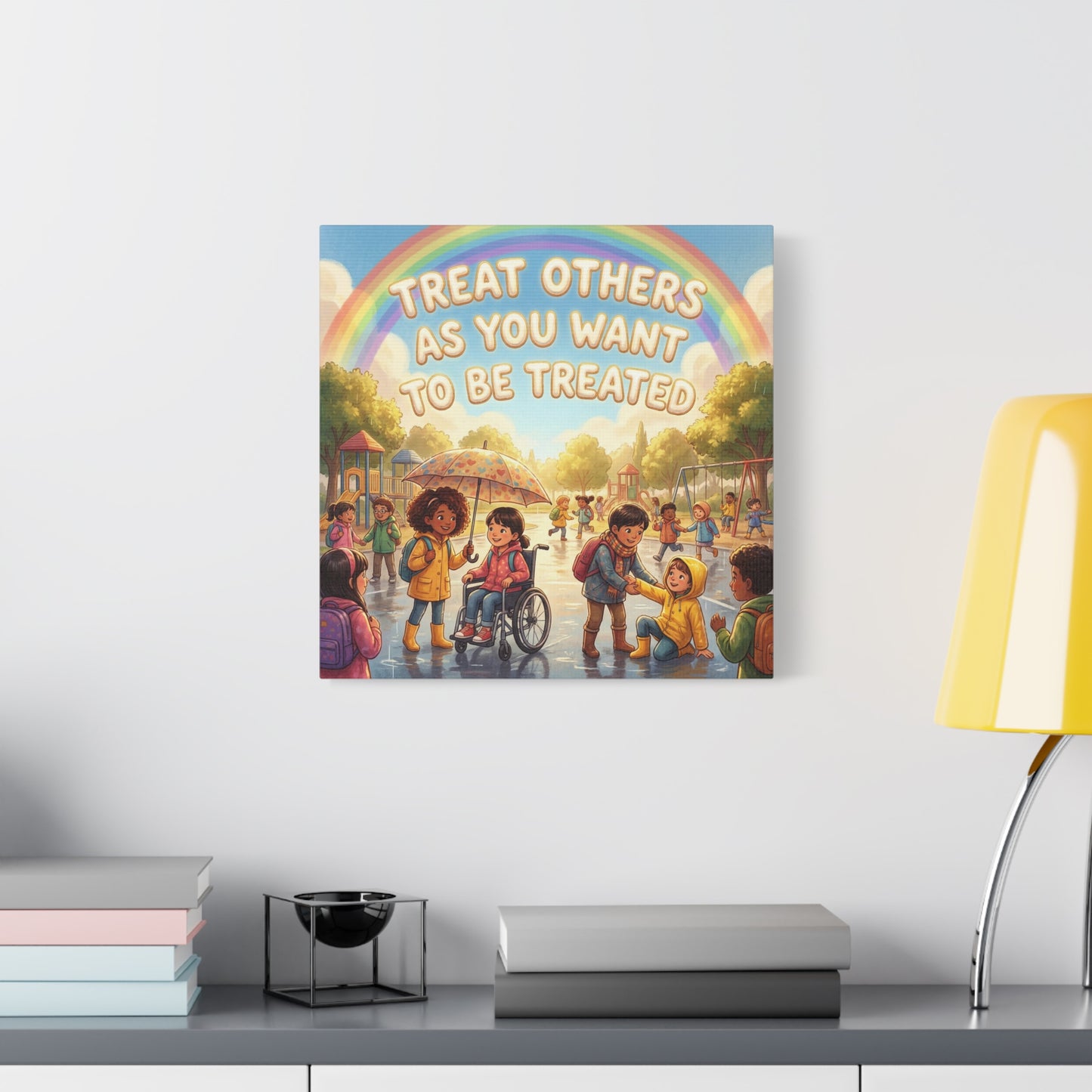 Kindness Quote Canvas Wall Art - Rainbow Playground Children Illustration Print - Inclusive Classroom Decor, Kids Room Wall Hanging, School Counselor Office Poster, Bohemian Nursery Accent