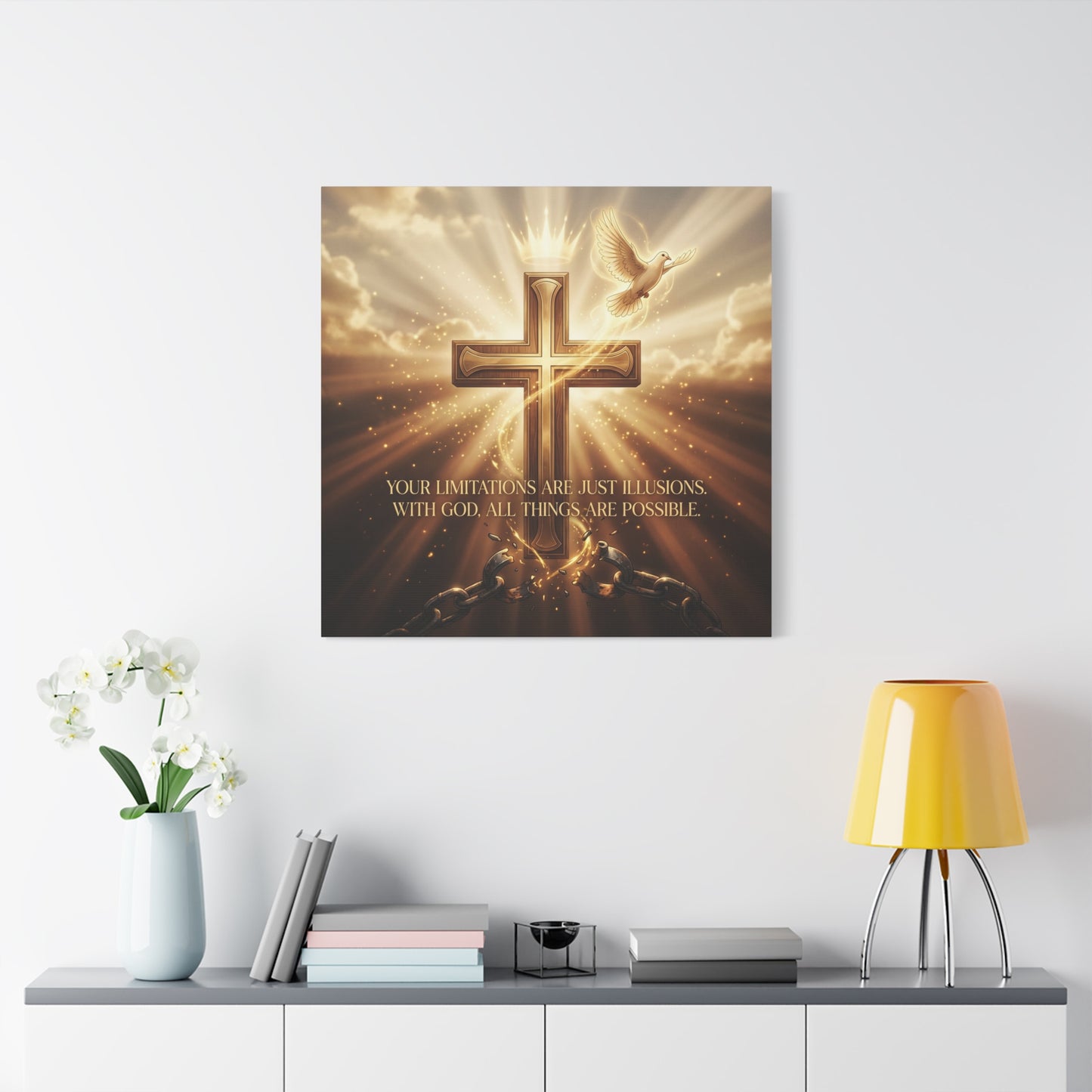 "Your Limitations Are Just Illusions. With God, All Things Are Possible." Christian Canvas Wall Art - Glowing Cross, White Dove, Crown, Broken Chains - Gold Religious Wall Decor For Living Room
