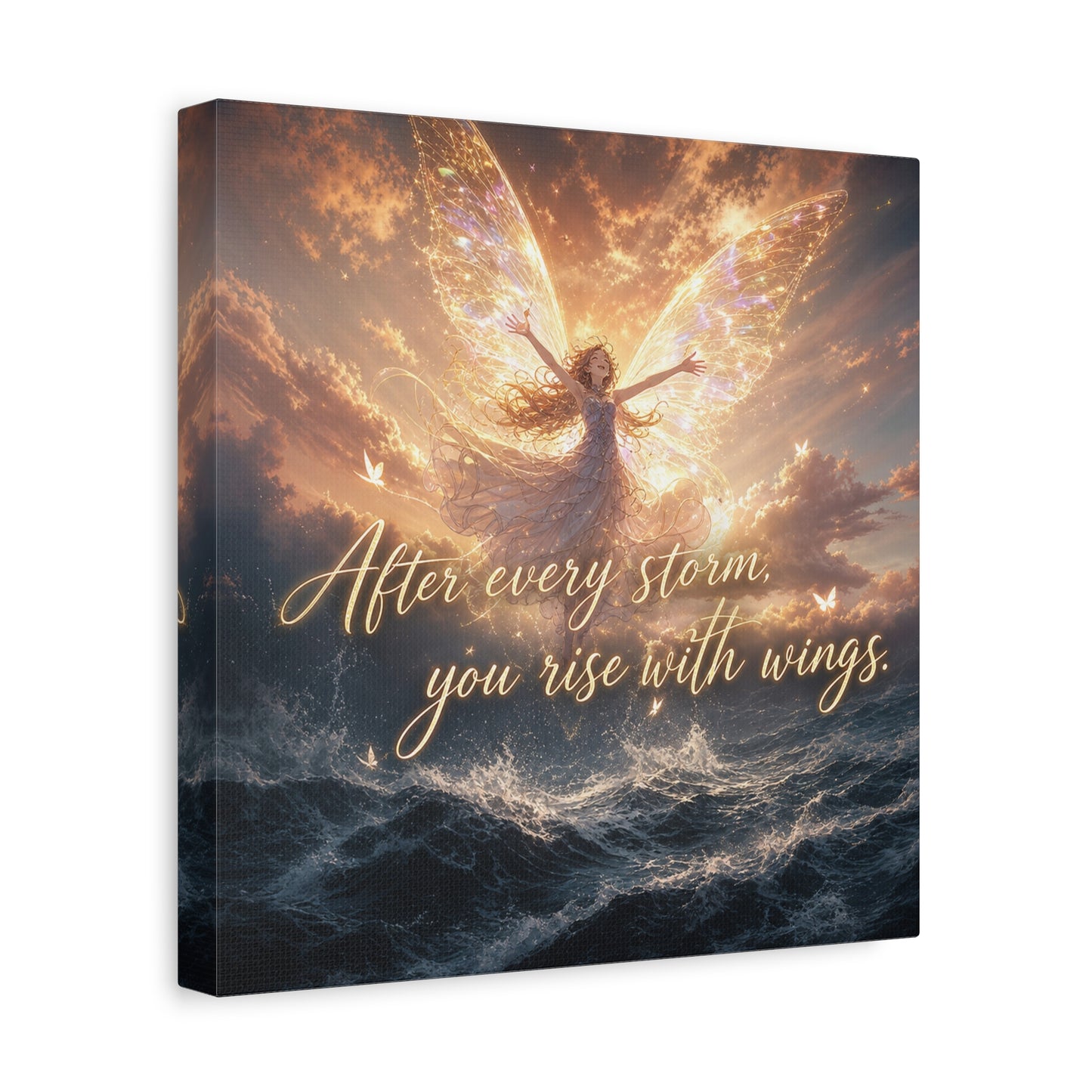 "After Every Storm, You Rise With Wings." Fairy Canvas Wall Art - Inspirational Ocean Sky Quote Print - Golden Ethereal Fantasy Decor - Bedroom Wall Hanging, Living Room Accent - Ready to Hang