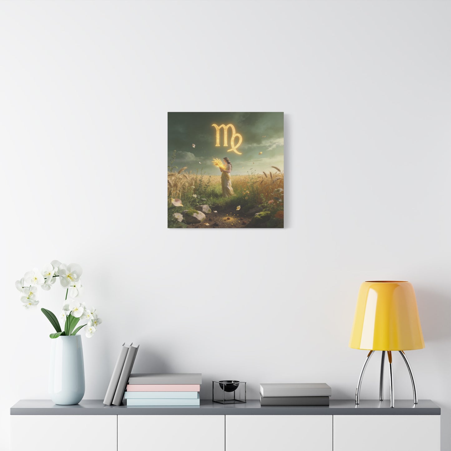 Virgo Zodiac Canvas Wall Art - Glowing Virgo Symbol, Woman In Wheat Field - Mystical Celestial Illustration, Matte Canvas Print - Bedroom Wall Decor, Meditation Space Accent - Bedroom Home Decoration