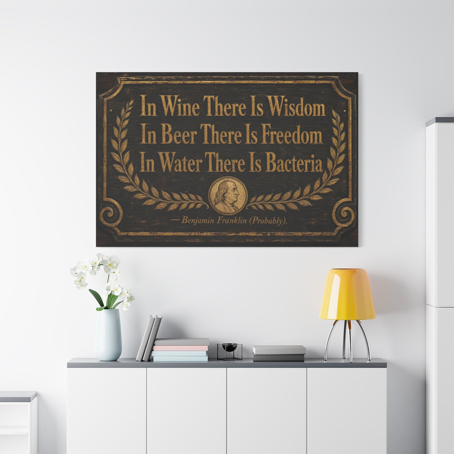"In Wine There Is Wisdom In Beer There Is Freedom" Canvas Wall Art - Vintage Bar Quote Print, Rustic Tavern Style, Brown Gold Typography Decor, Home Bar - Office Wall Art - Cocktail Lounge Decor