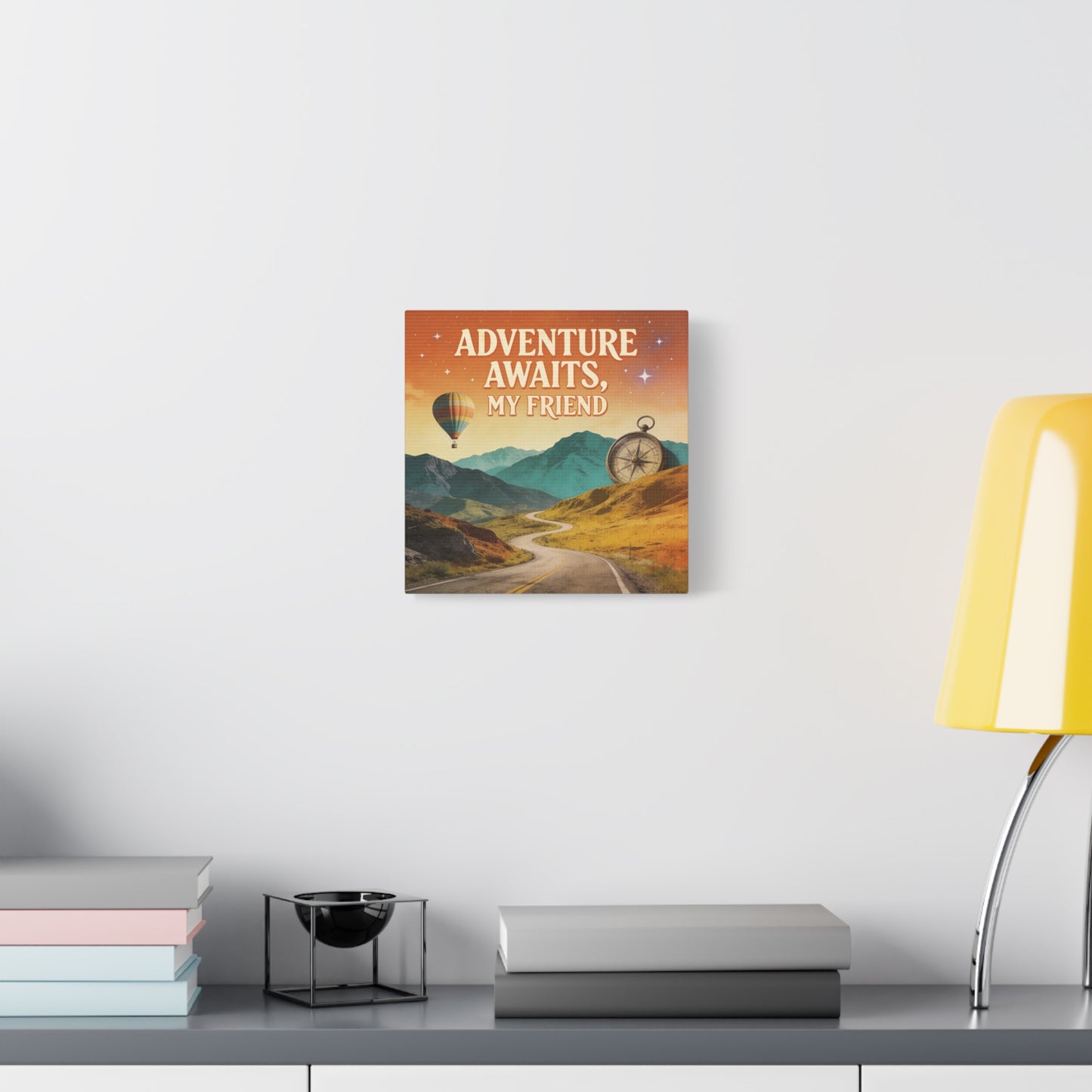 "Adventure Awaits, My Friend" Inspirational Canvas Art Print - Mountain Road, Hot Air Balloon, Compass - Vintage Travel Style, Office Decor, Workspace Accent, Lobby Display, Motivational Art